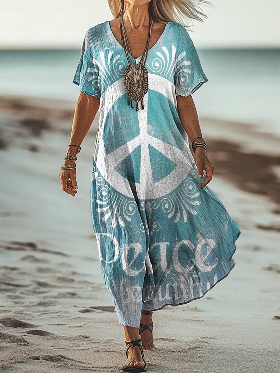 Women's Vintage Hippie Peace Is Beautiful Print V Neck Pocket Cotton Dress