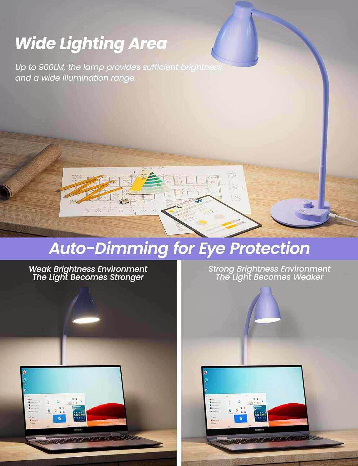 BOHON LED Desk Lamp with USB Charging Port 3 Color Modes Dimmable Reading Light Intelligent Induction Auto Dimming Task Lamp Flexible Gooseneck Table Lamp for Bedside Office, AC Adapter Include