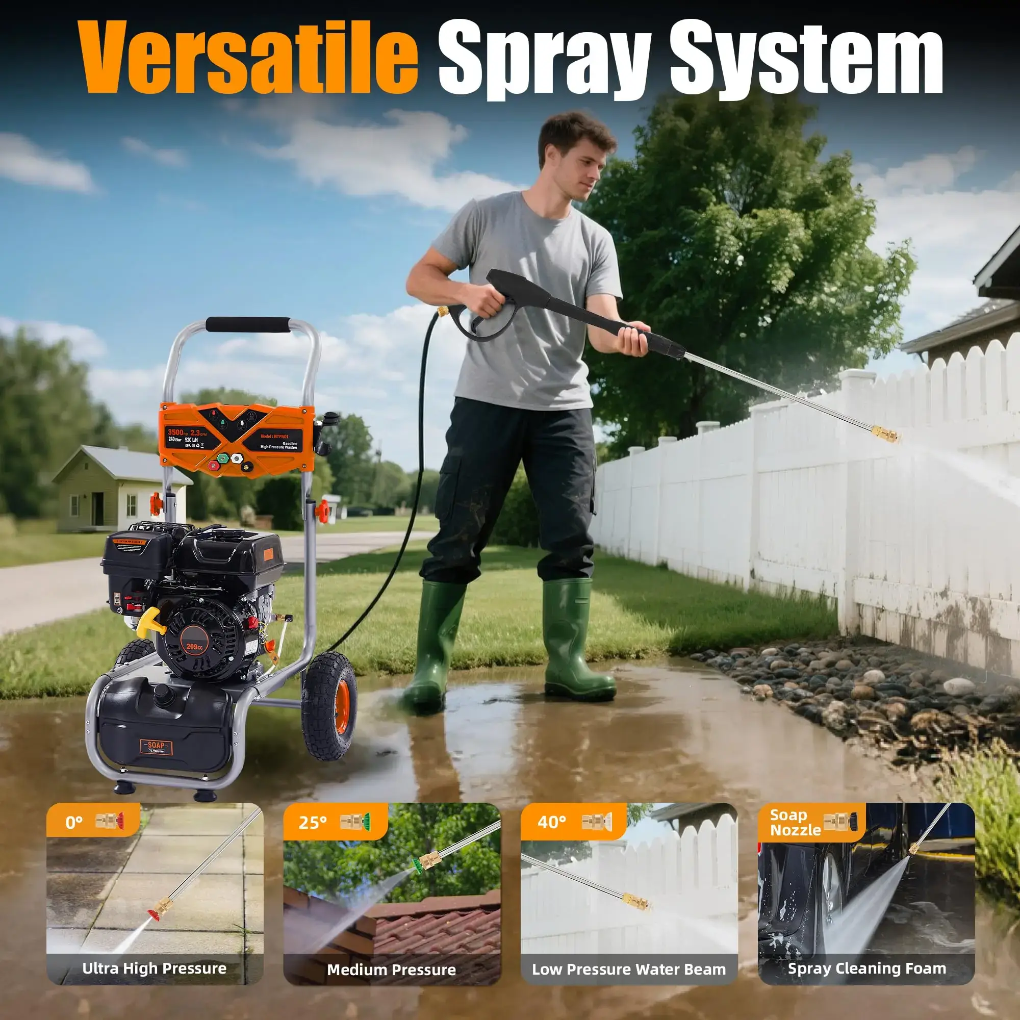 Gas Powered Pressure Washer 3500 PSI, 2.3 GPM Heavy Duty High Power Washer,209CC 7HP Engine with 25Ft Pressure Hose, Axial Aluminum Pump, Soap Tank, 4 Quick Connect Nozzle