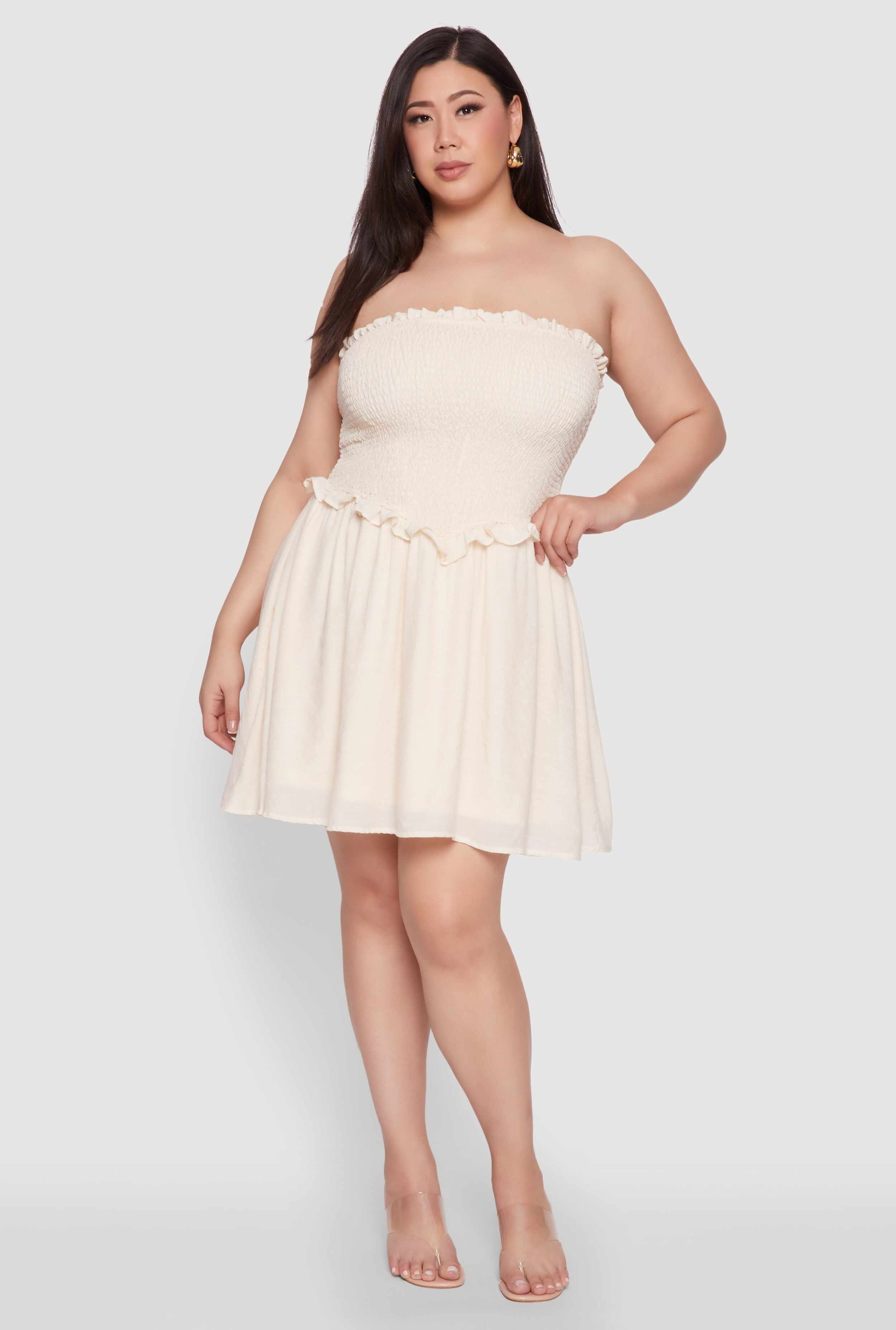 Plus Size Gauze Knit Smocked Mini Dress