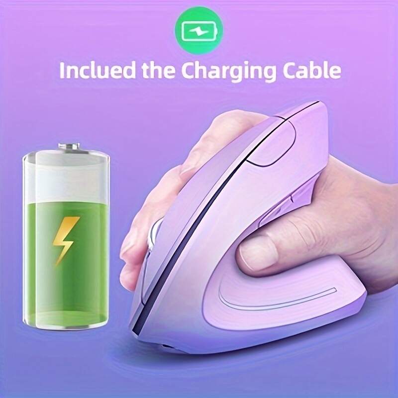 Ergonomic Wireless Mouse, Purple Rechargeable Vertical Mouse With USB Receiver, 6 Buttons For Laptops (Purple, Right Handed)