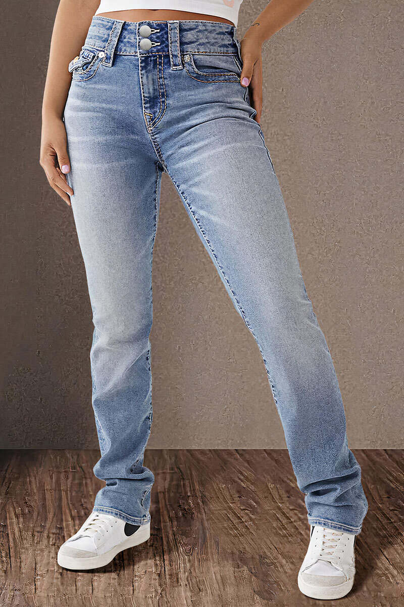 Wash Double Button Flap Pocket Mid Waist Straight Leg Jeans