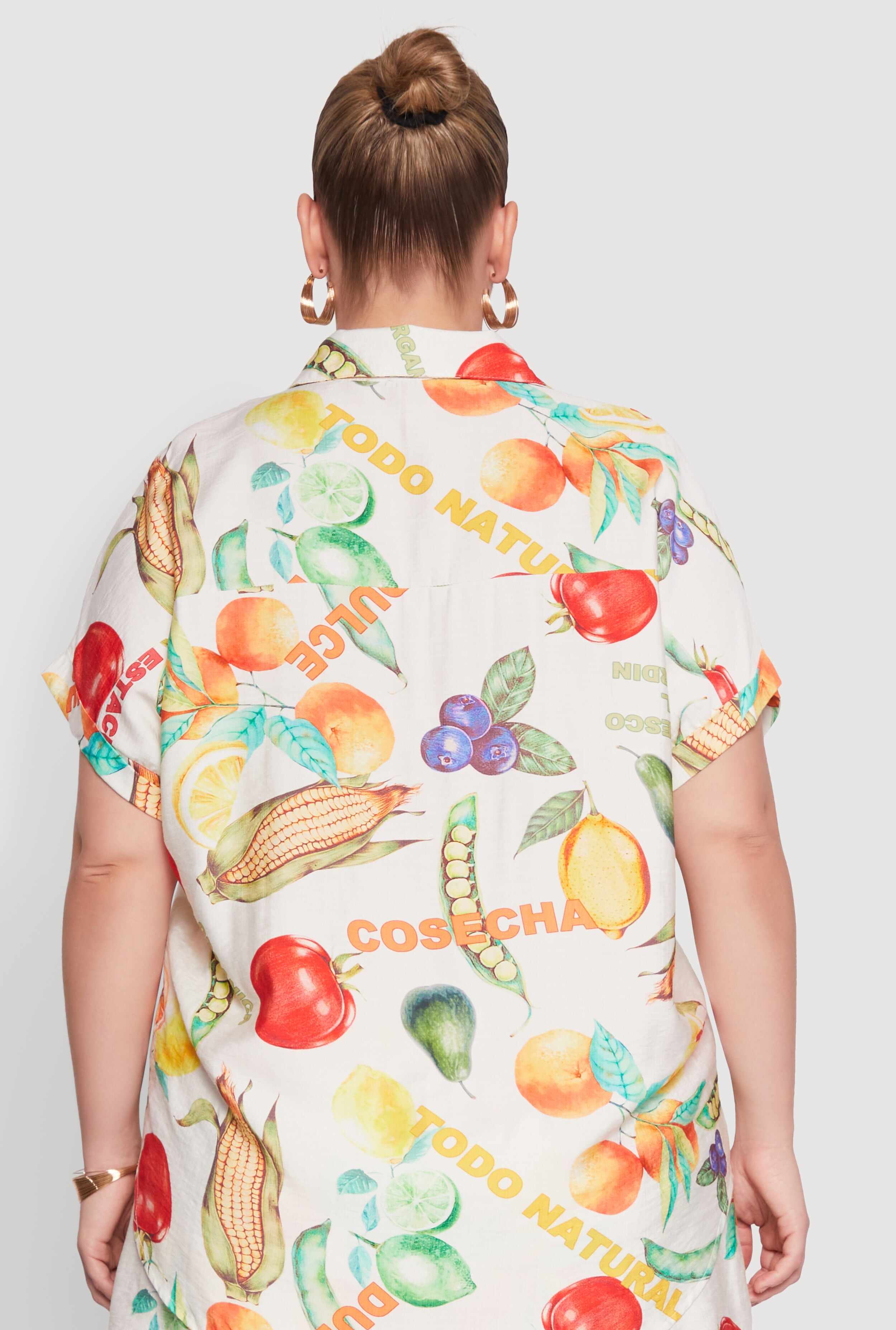 Plus Size Fruit Print Button Front Short Sleeve Shirt