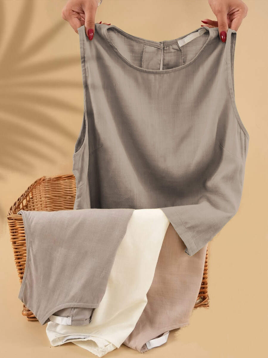 🔥Summer Arrivals🌟Women's Solid Color Round Neck Sleeveless Casual Linen Vest Top