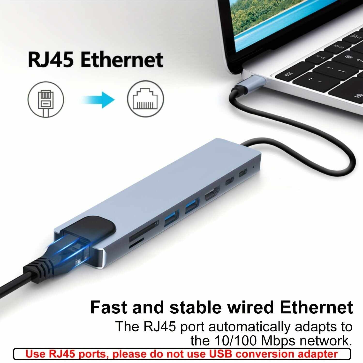 8 In 1 USB C HUB, USB C Adapter With 4K HDTV, 100W PD, USB C Port, USB 3.0,USB 2.0,RJ45 Ethernet, SD/TF Card Reader, Docking Station Compatible For MacBook Pro/Air USB C Laptops And Other Type C Devices