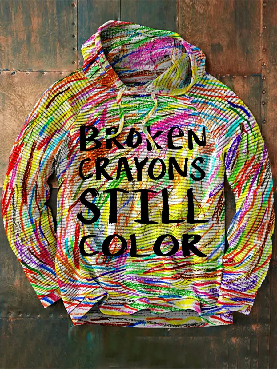 Men's Mental Health Awareness Broken Crayons Still Color Encourage Print Casual Waffle Hoodie