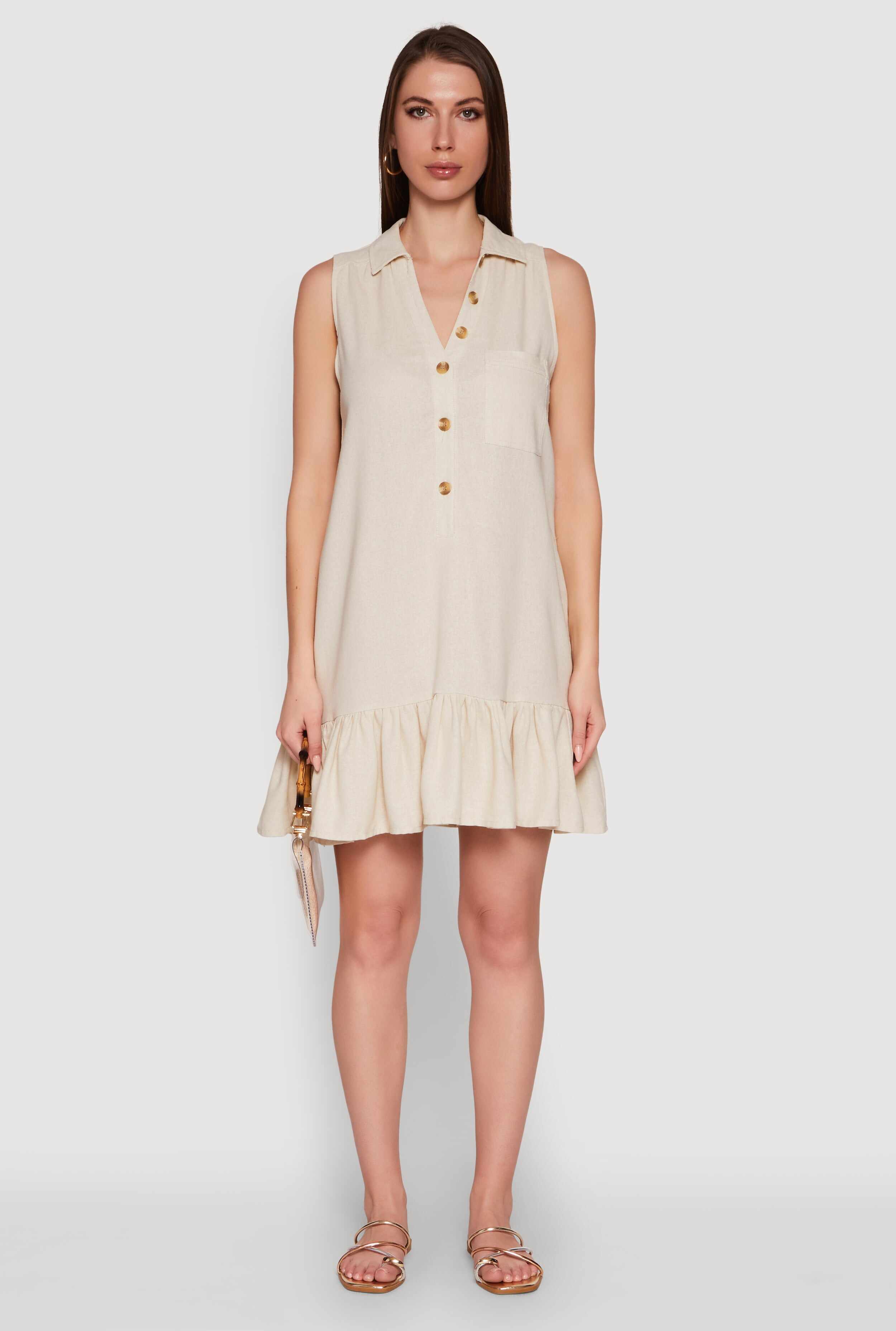 Trendy Linen Sleeveless Shirt Dress with Flounce Hem