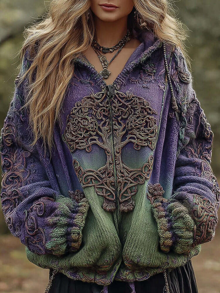Women's Vintage Viking Tree Of Life Knit Zipper Cardigan Sweater