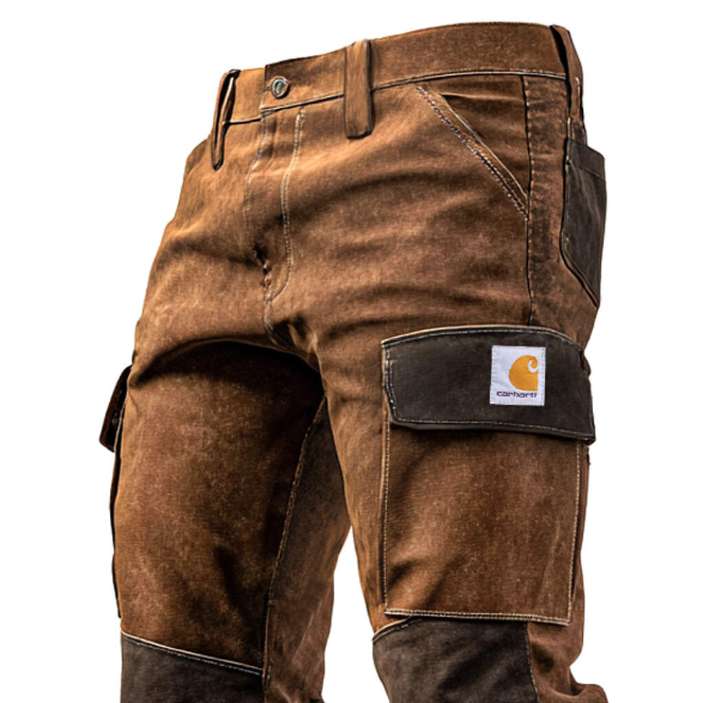 Men's Vintage Brown Suede Contrast Work Pants With Reinforced Knees