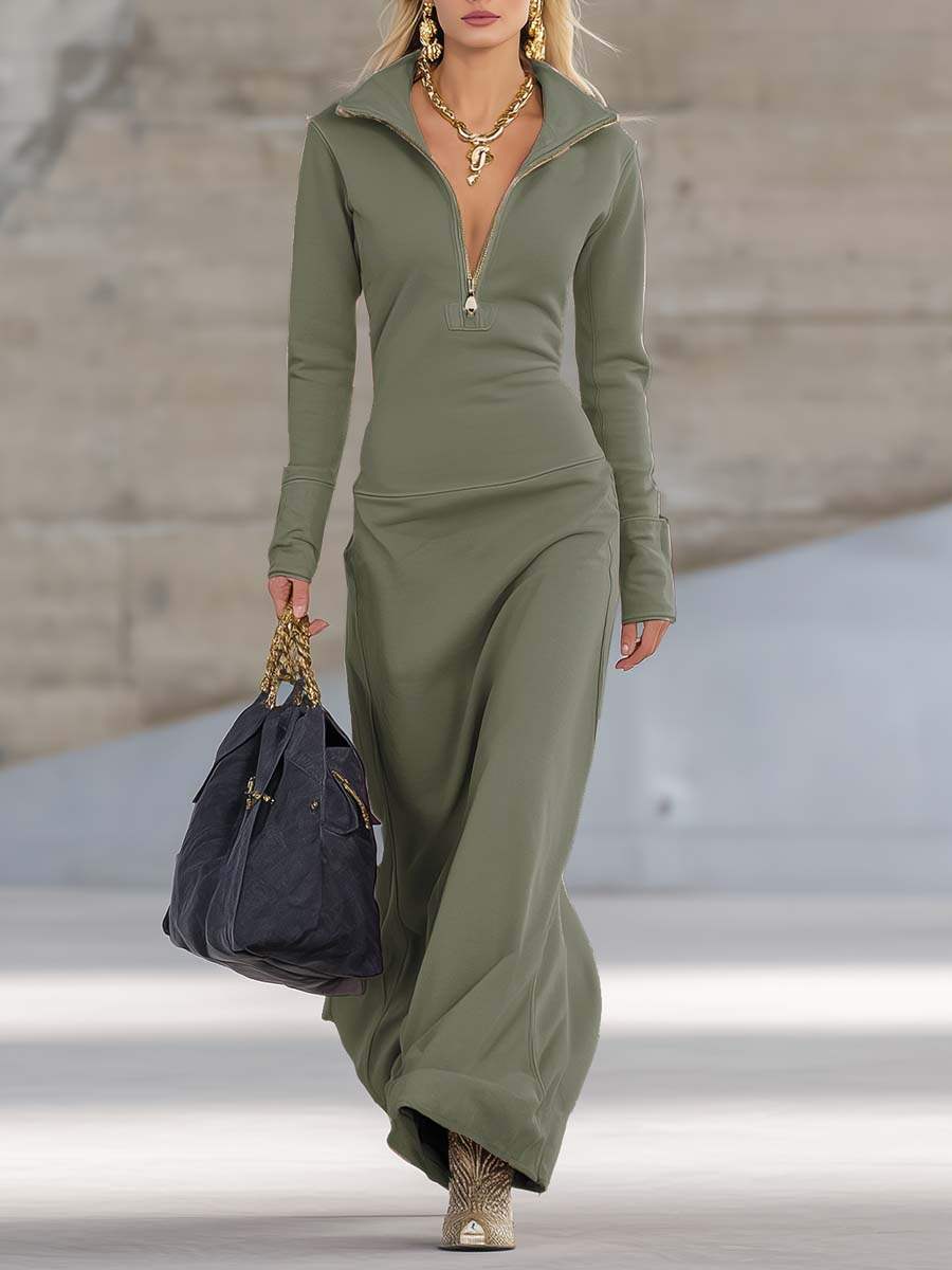 Elegant Retro Sporty V-neck Front Zipper Long-sleeved Pink Maxi Dress