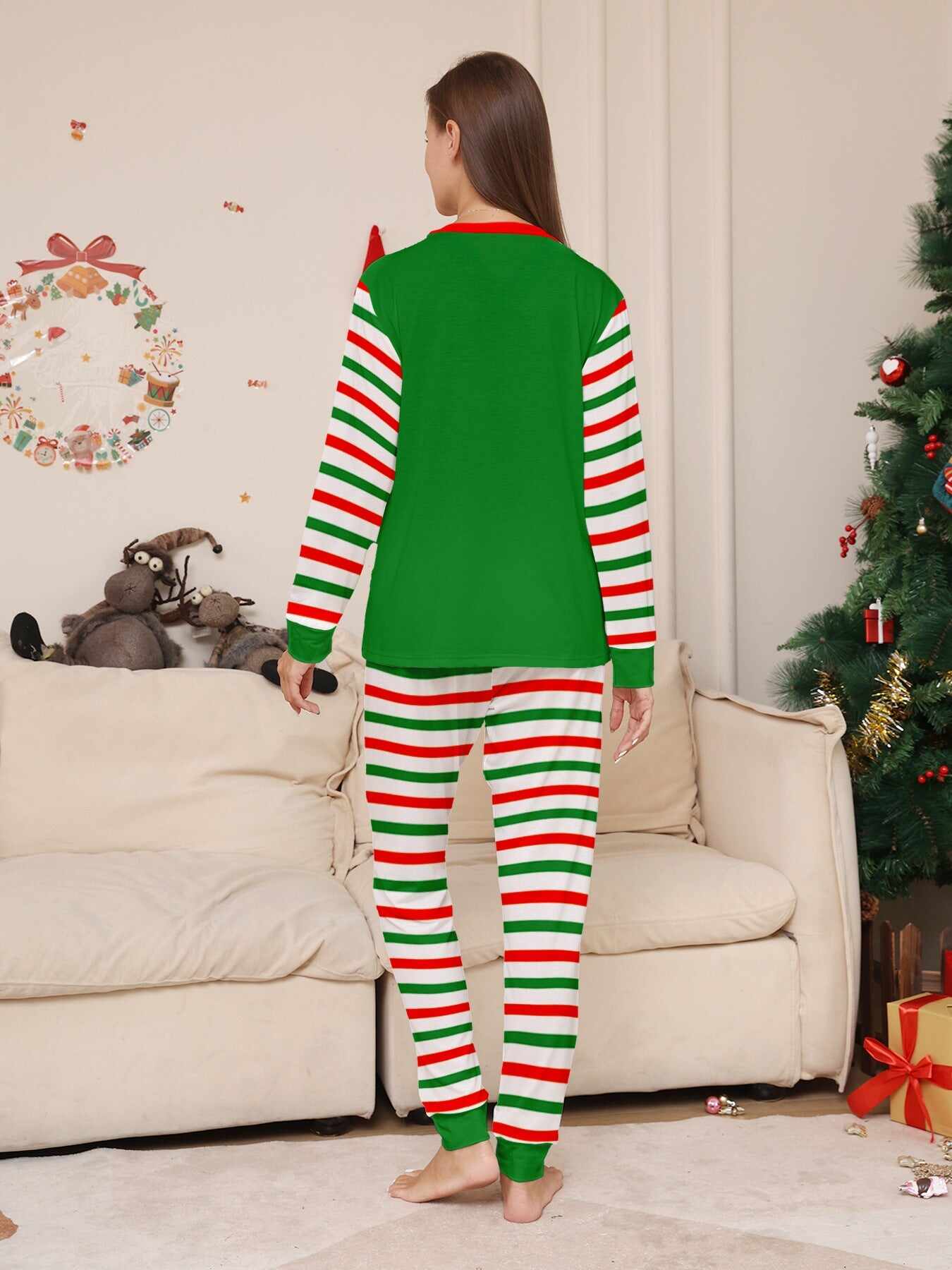 2024 3D Print Christmas Family Pajamas Red Green Striped Crutch Xmas Pajamas