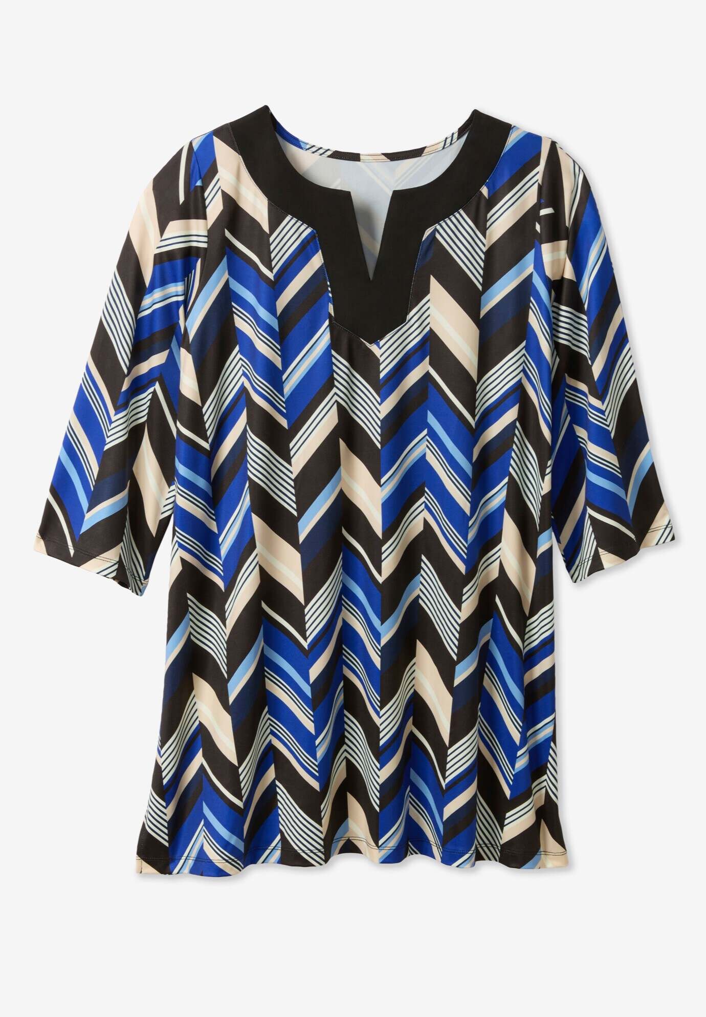 Contrast Notch-Neck Three-Quarter Sleeve Knit Tunic