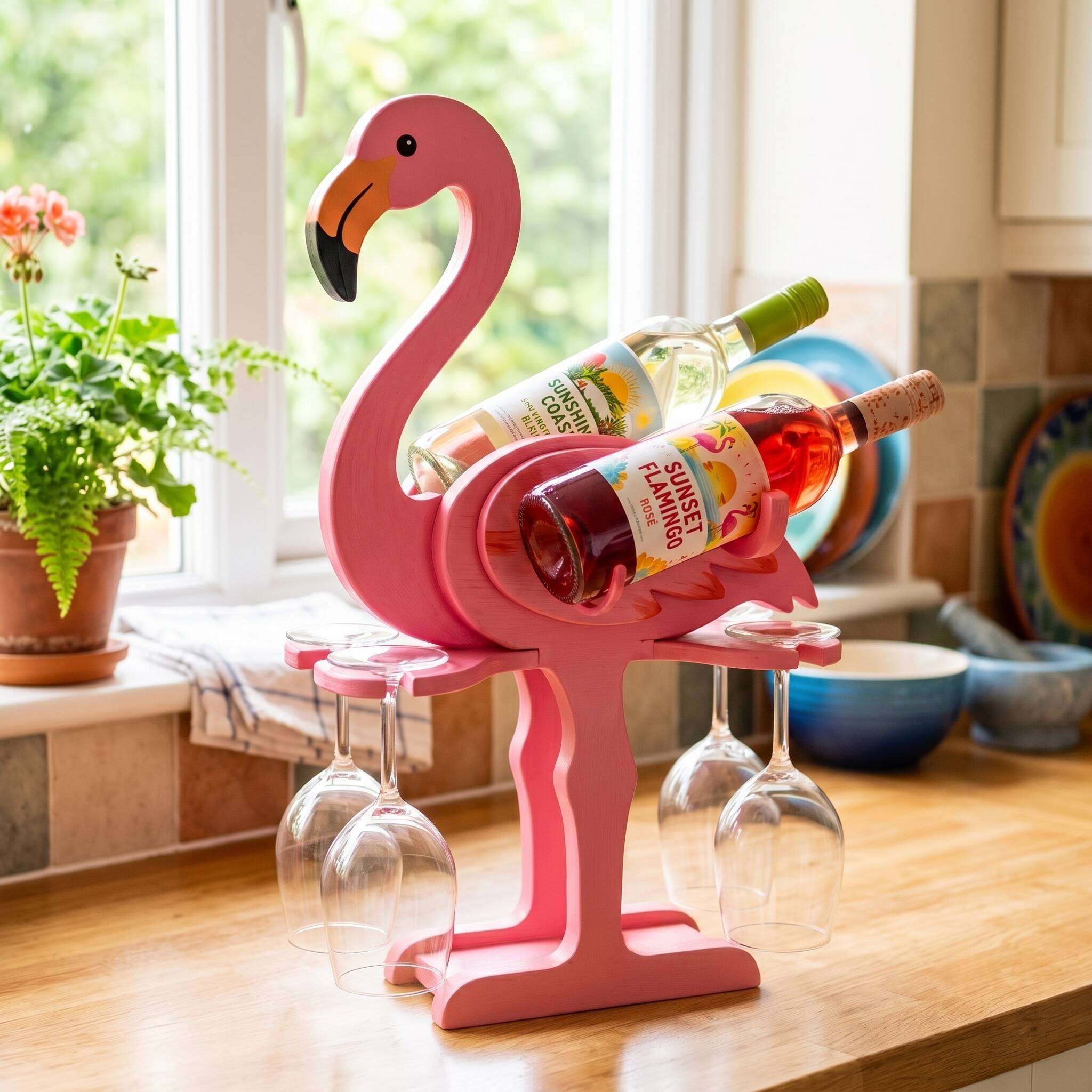 🦩 Tropical Pink Flamingo Countertop Wine Rack & Glass Holder