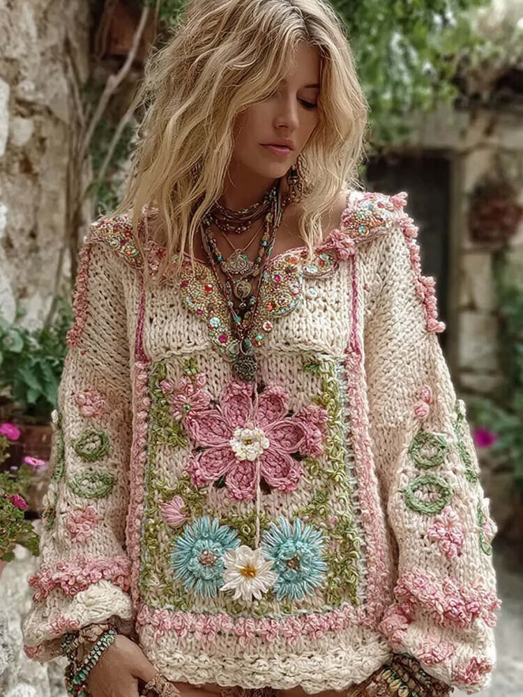 Women's Boho Floral Chunky Knit Small V-neck Sweater
