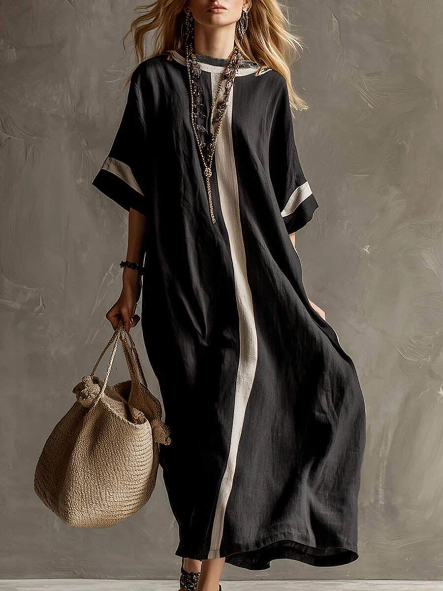 🔥Summer Arrivals🌟Women's Round Neck 3/4 Sleeve Casual Loose Cotton And Linen Dress