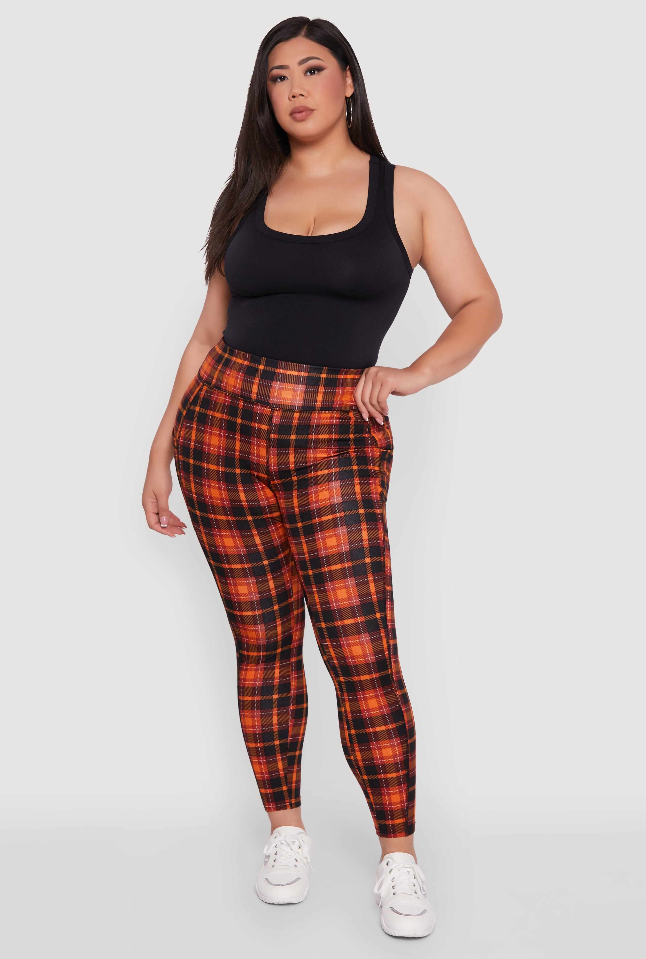 Plus Size High Waisted Cell Phone Pocket Plaid Leggings