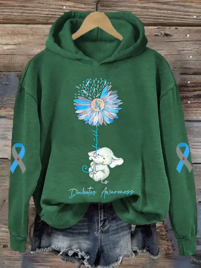 Women's Diabetes Awareness Faith Elephant Ribbon Print Hoodie