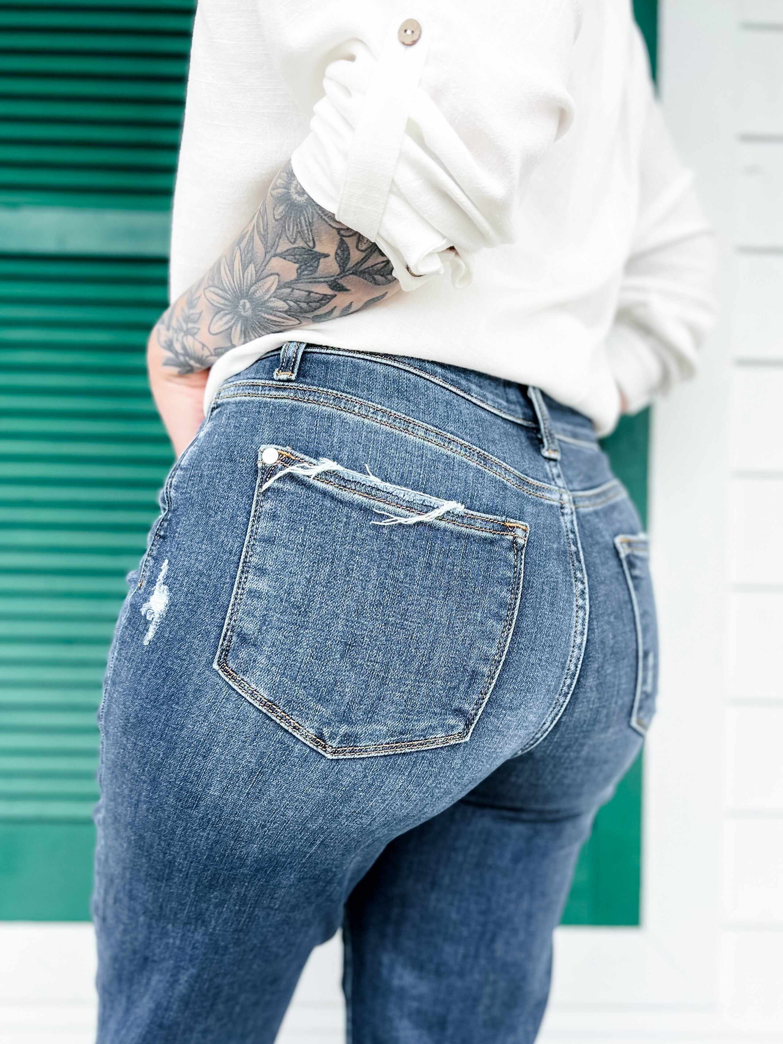 True Obsession Dark Wash Destroyed Pocket Wide Leg Jeans