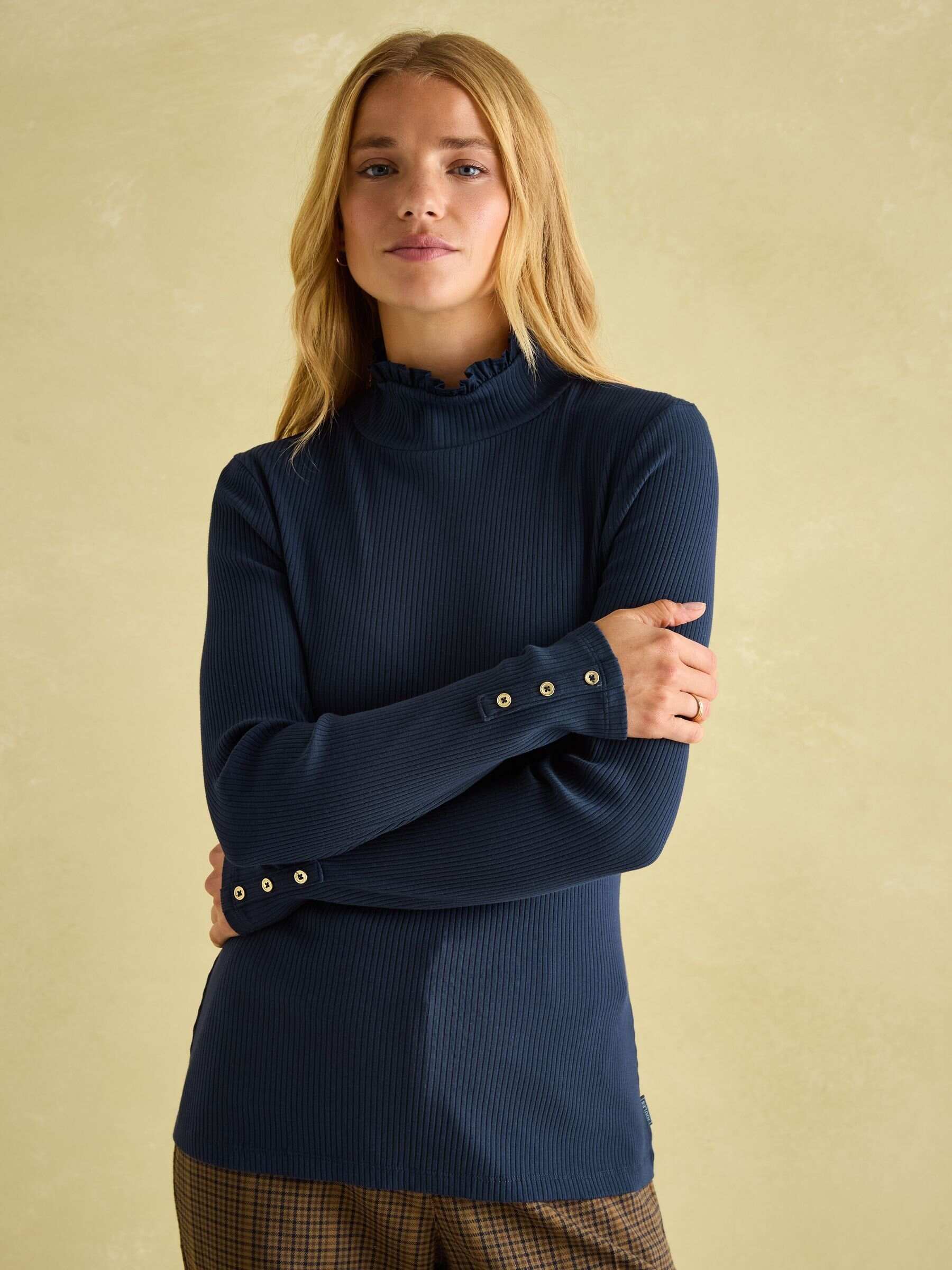 Amy Navy Blue Ribbed Long Sleeve High Neck Jersey Top