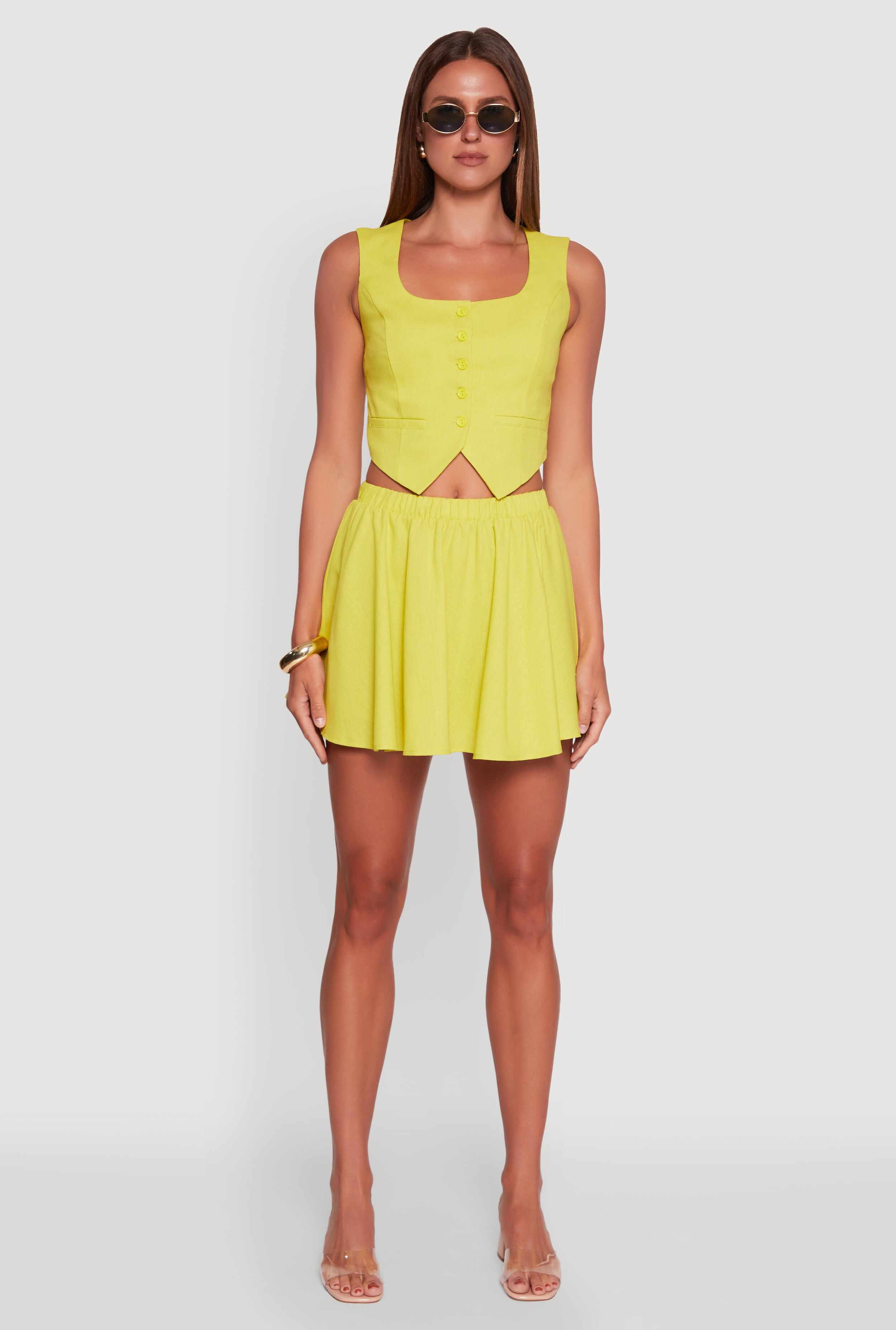 Faux Pocket Button Front Square Neck Vest
