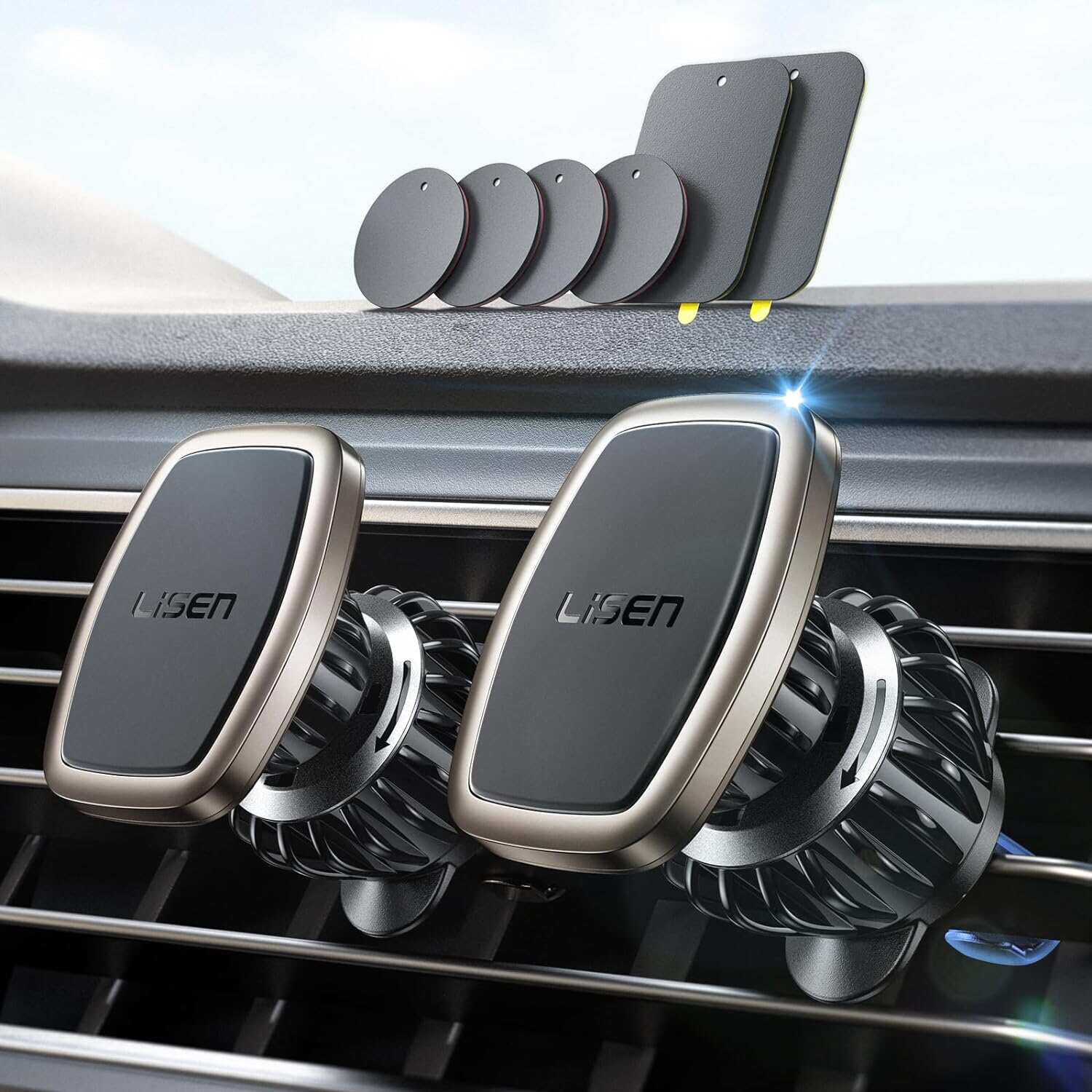 LISEN 2 Pack Magnetic Phone Holder for Your Car Mount 6 Military Magnets Car Phone Holder Mount Vent Cell Phone Holdeer Mount Vent Cell Phone Holder (20X Powerful: Gold)