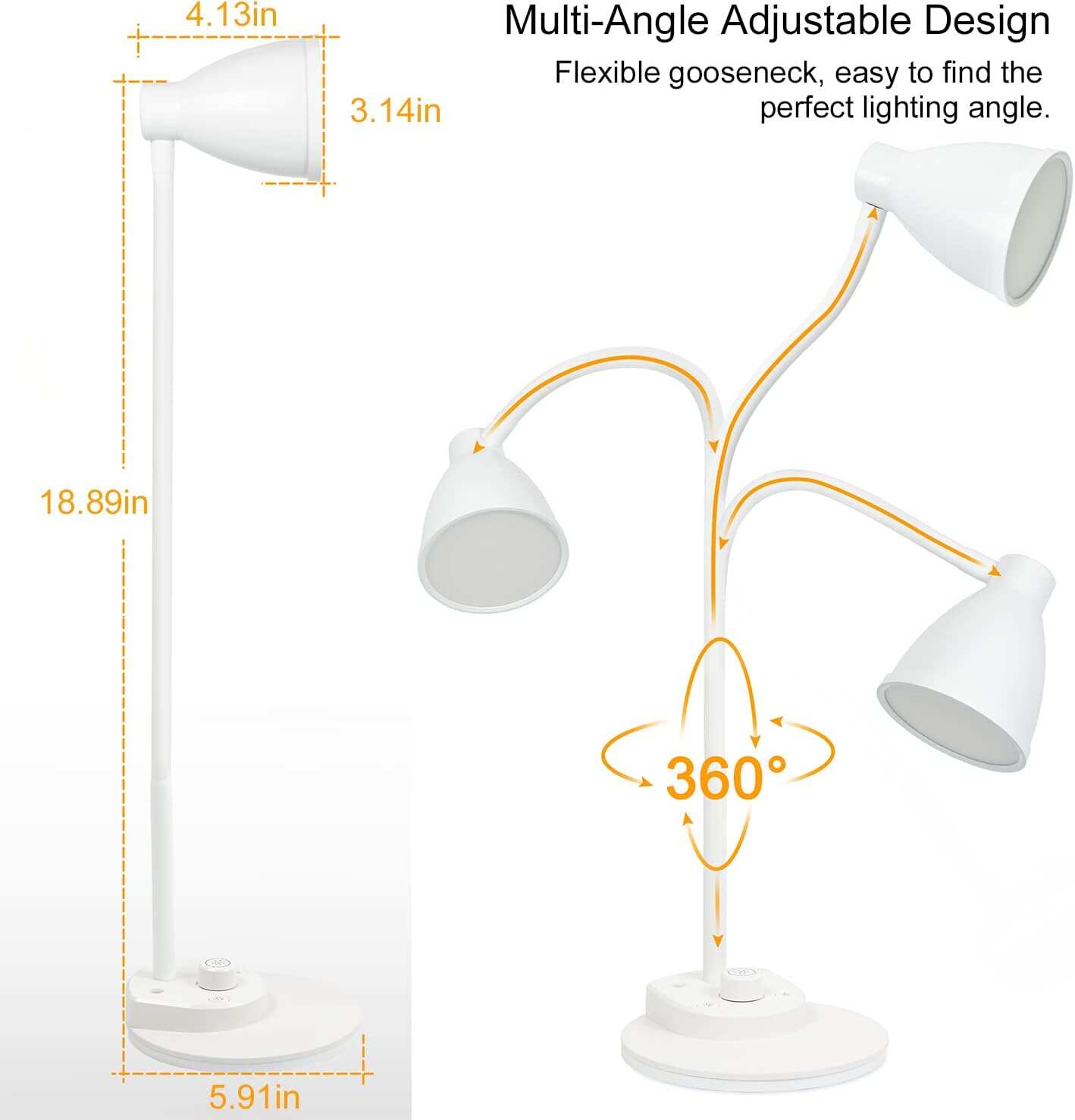 BOHON LED Desk Lamp with USB Charging Port 3 Color Modes Dimmable Reading Light Intelligent Induction Auto Dimming Task Lamp Flexible Gooseneck Table Lamp for Bedside Office, AC Adapter Include