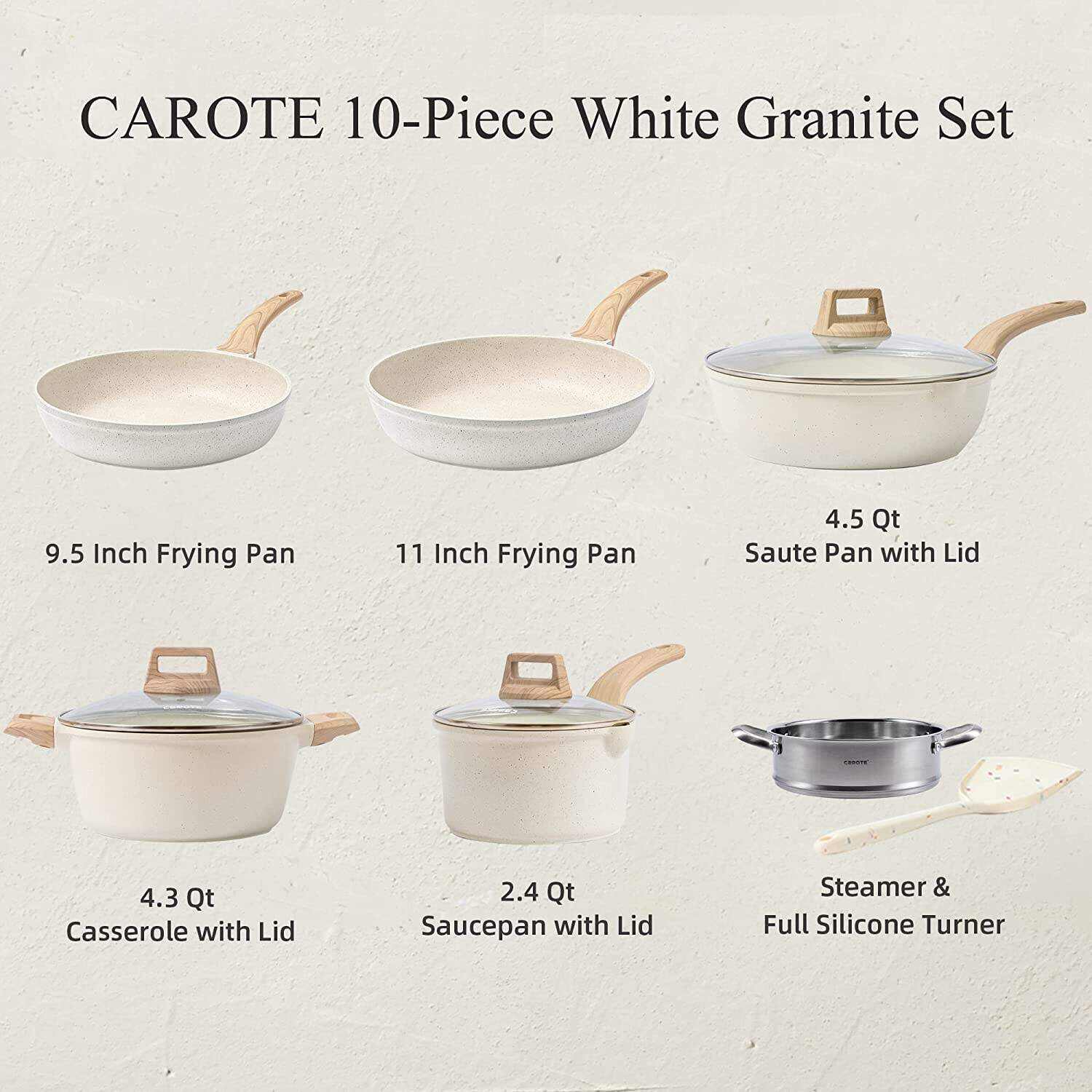 Pots and Pans Set Nonstick, White Granite Induction Kitchen Cookware Sets, 10 Pcs Non Stick Cooking Set w/Frying Pans & Saucepans(PFOS, PFOA Free)