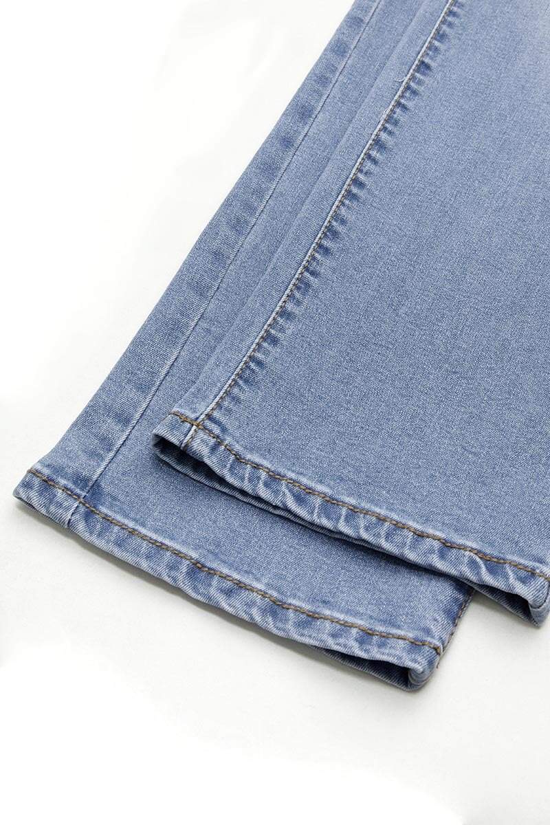 Wash Double Button Flap Pocket Mid Waist Straight Leg Jeans