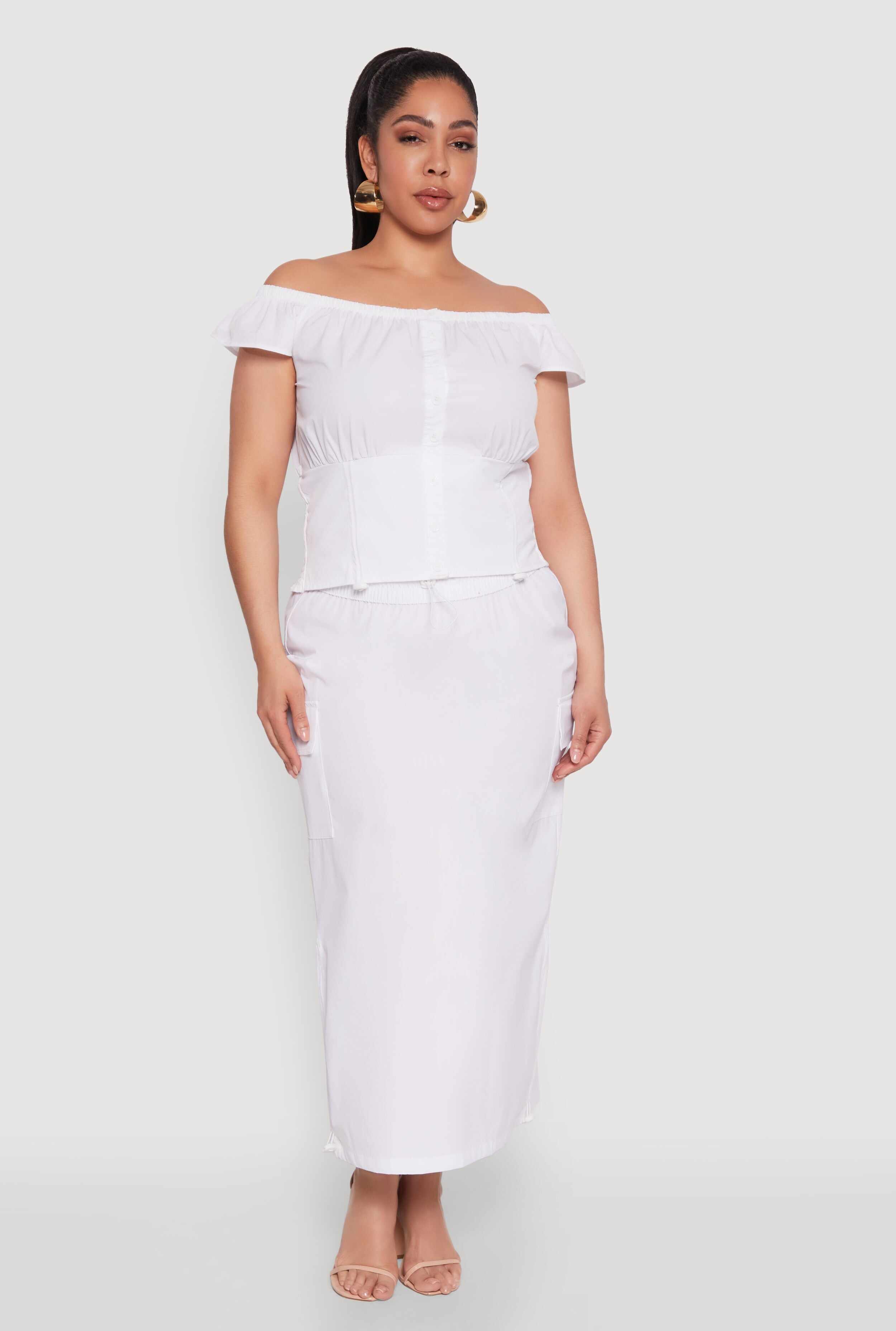 Plus Size Nylon Drawstring Off the Shoulder Top