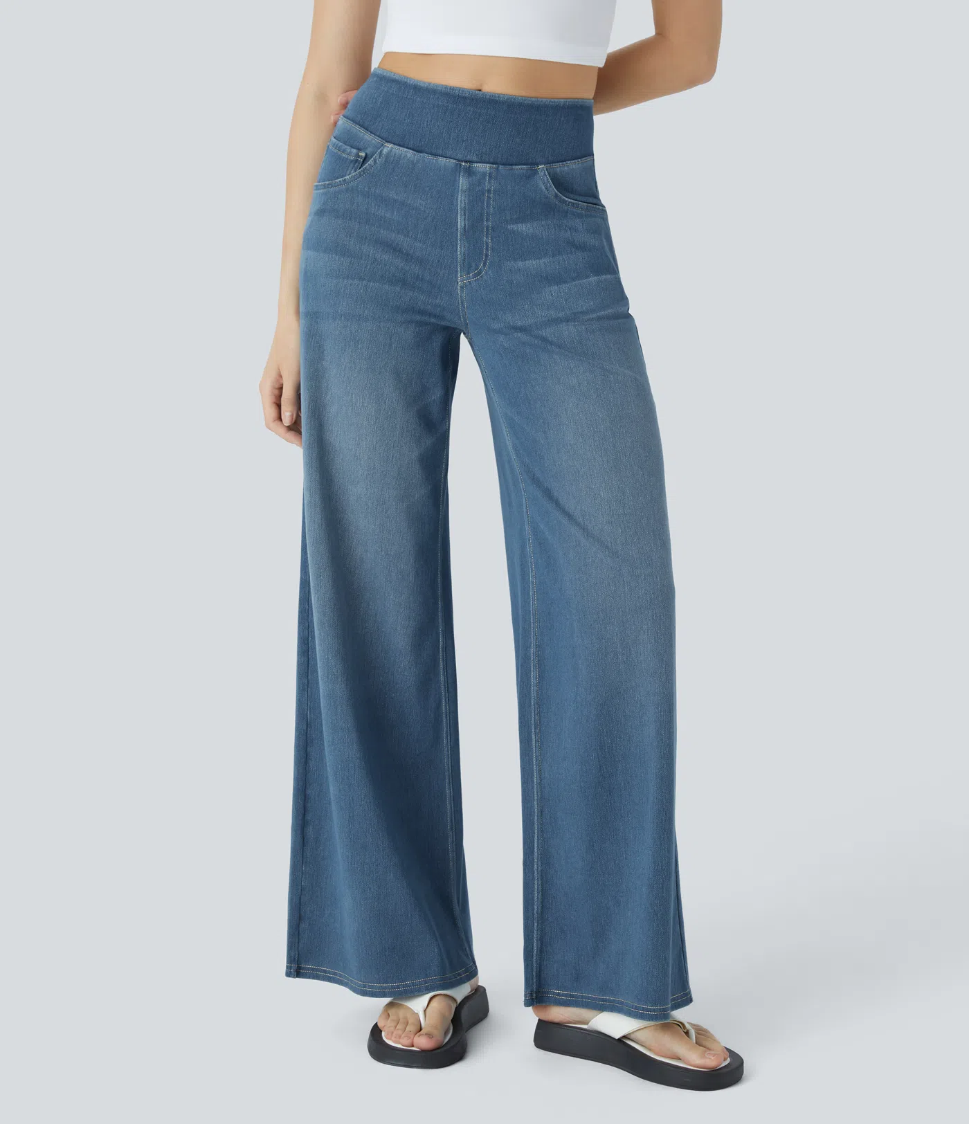 💝Last day promotion⚡High Waisted Multiple Pockets Baggy Wide Leg Washed Stretchy Knit Casual Jeans