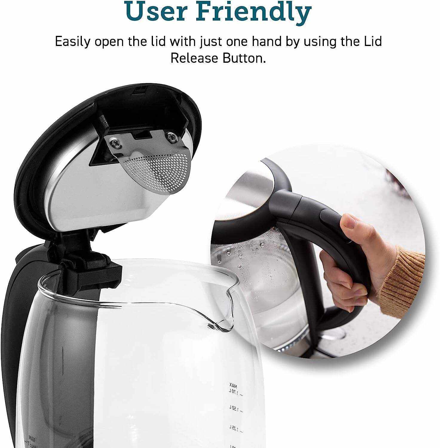 Electric Kettle with Stainless Steel Filter and Inner Lid, 1500W Wide Opening 1.7L Glass Tea Kettle & Hot Water Boiler, LED Indicator Auto Shut-Off & Boil-Dry Protection, BPA Free, Matte Black
