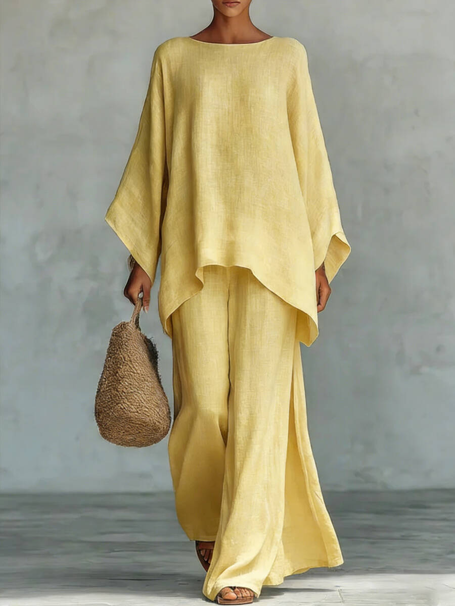 🔥Summer Arrivals🌟Women's Round Neck Long Sleeve Wide-leg Casual Irregular Hem Two-piece Pants Set