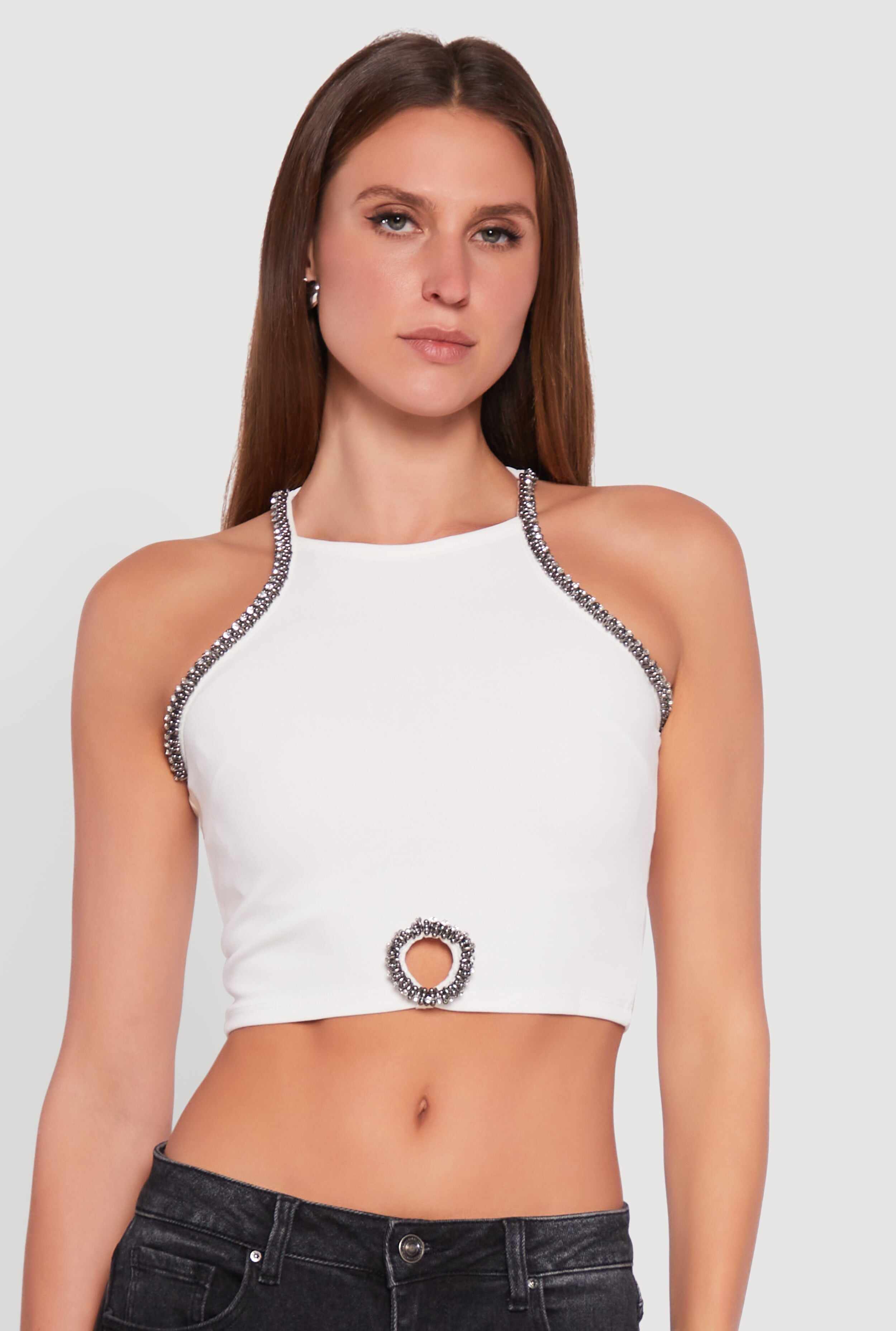 Rhinestone Studded Trim Detail Halter Crop Top