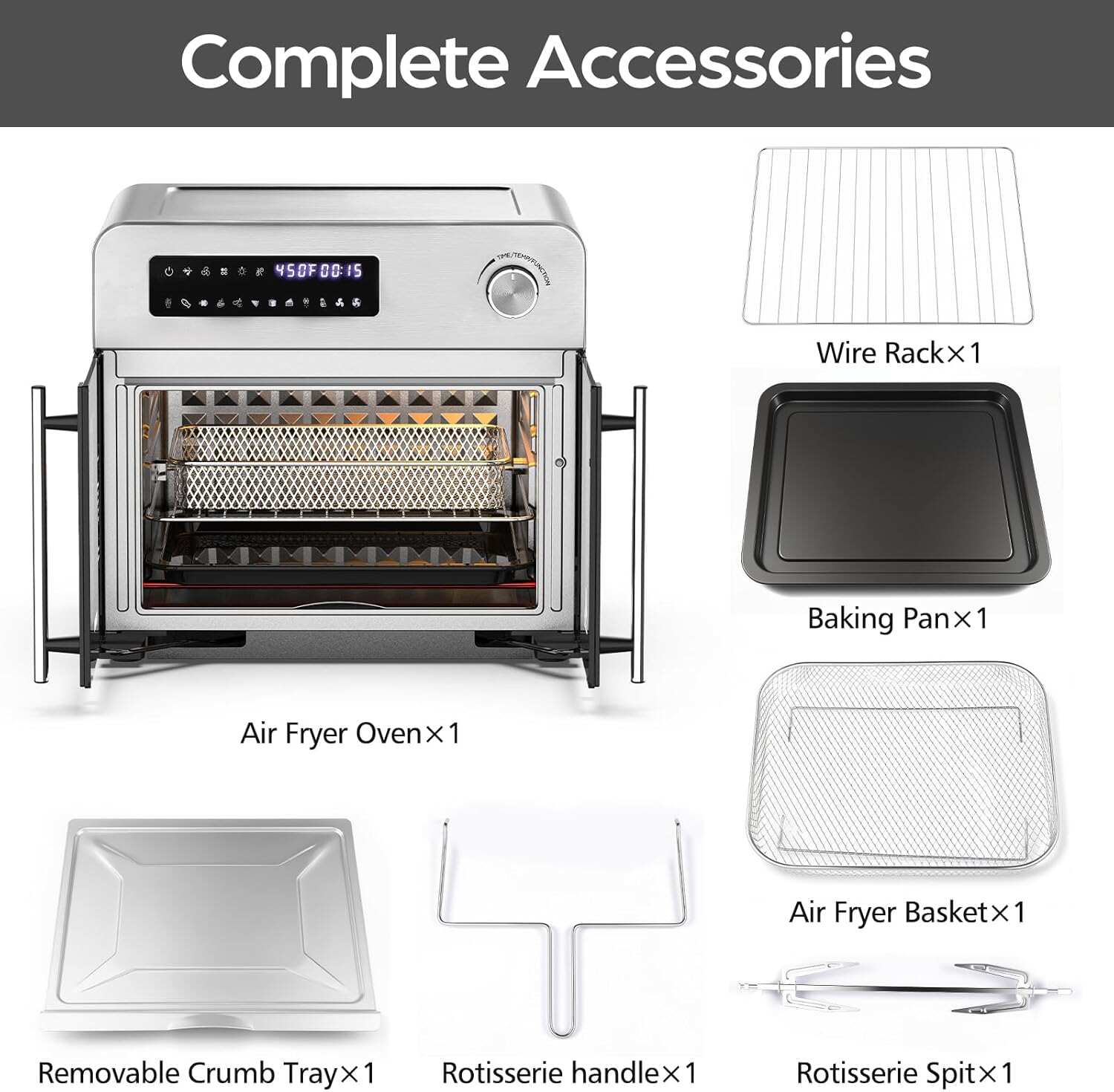 24QT French Door Air Fryer Toaster Oven Combo 10-in-1, 30% Faster 90% Less Oil, 102 Recipes & 7 Accessories, Stainless Steel