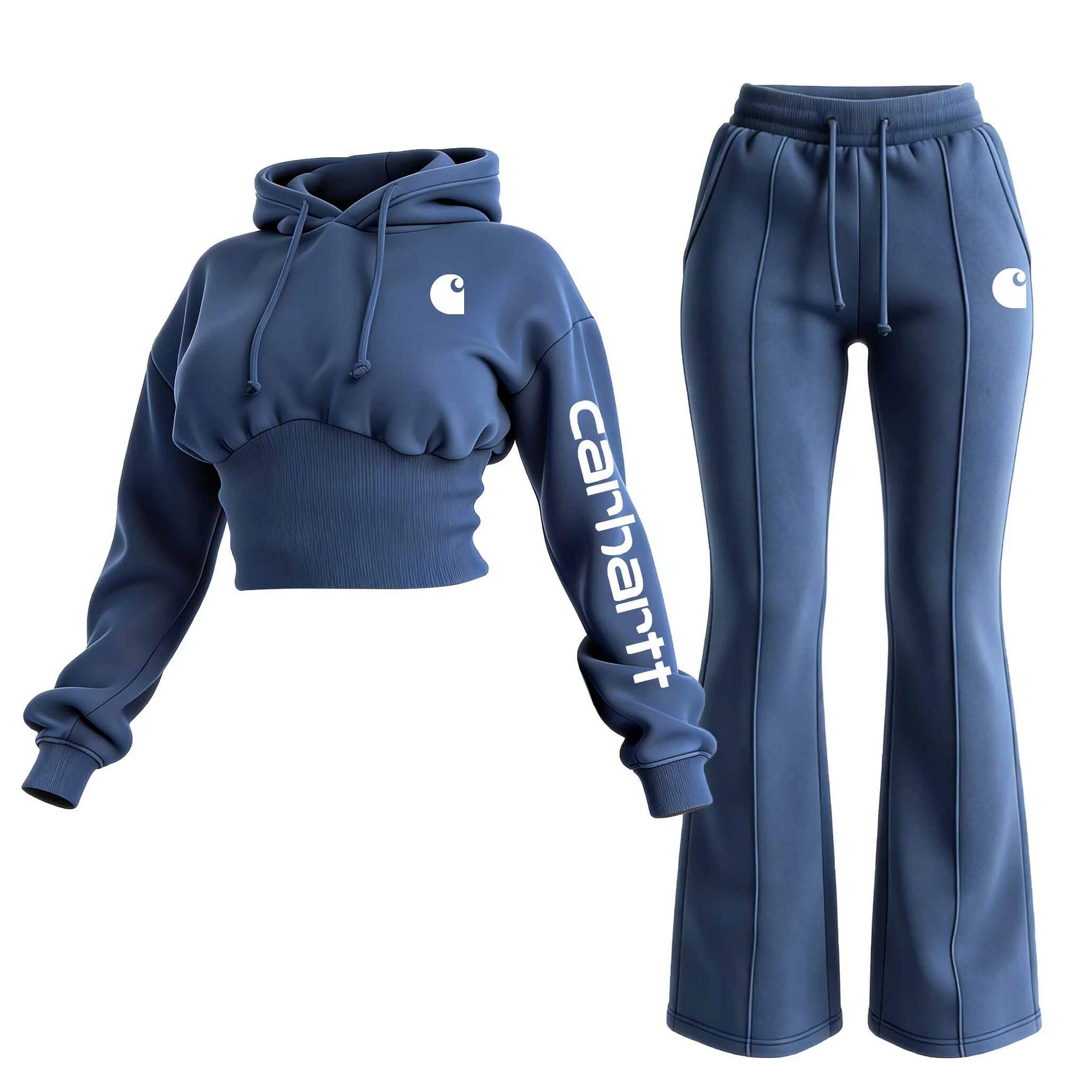 Women's Blue Cropped Shirred Waist Hoodie And Wide-Leg Pants Set