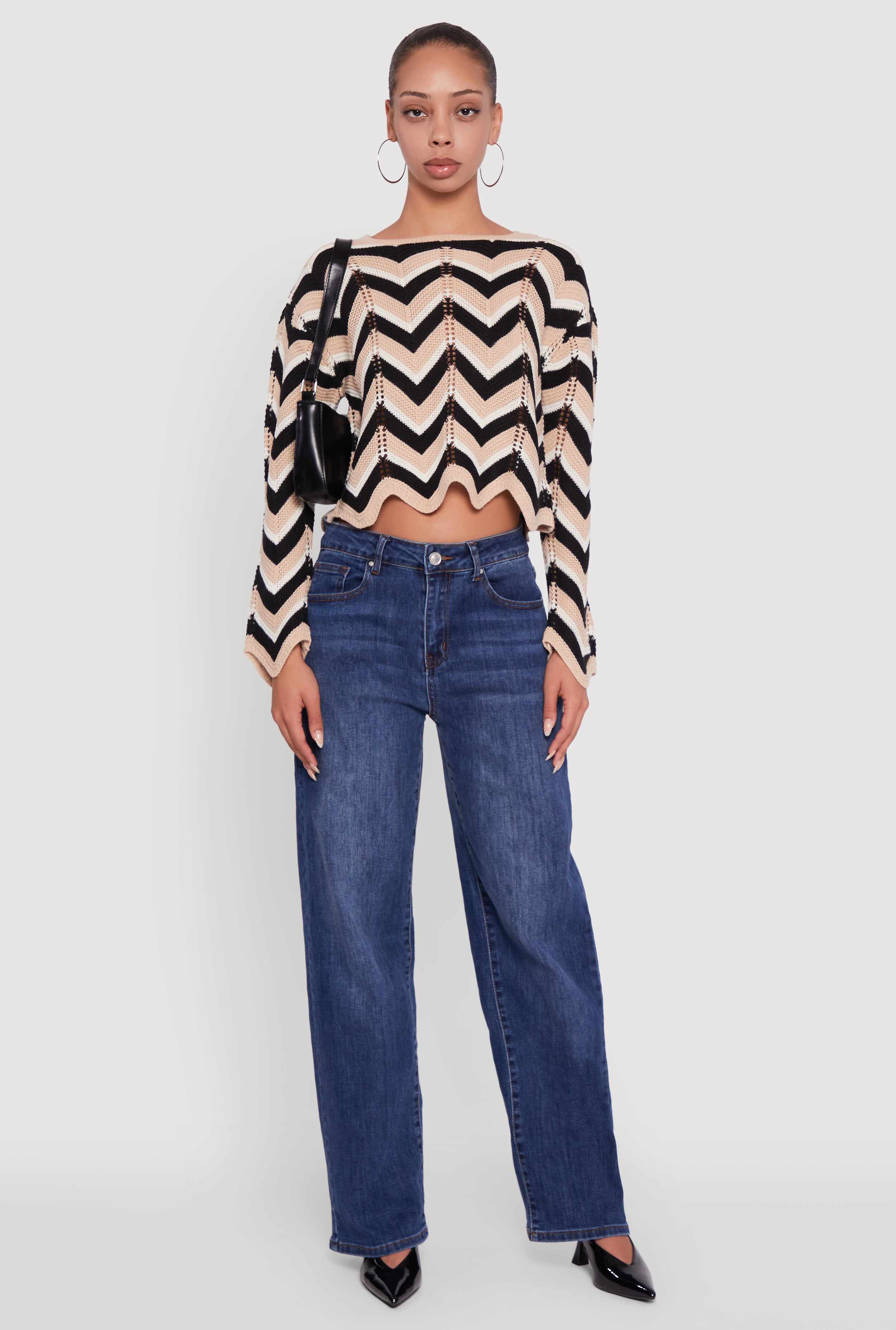 Chevron Crochet Long Sleeve Cropped Sweater