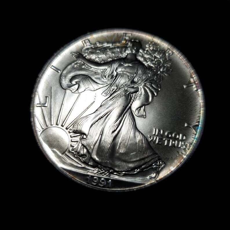 1991  American Silver Eagle BU  -  1 Oz .999 Cool toning on the rim-     Lot# 816