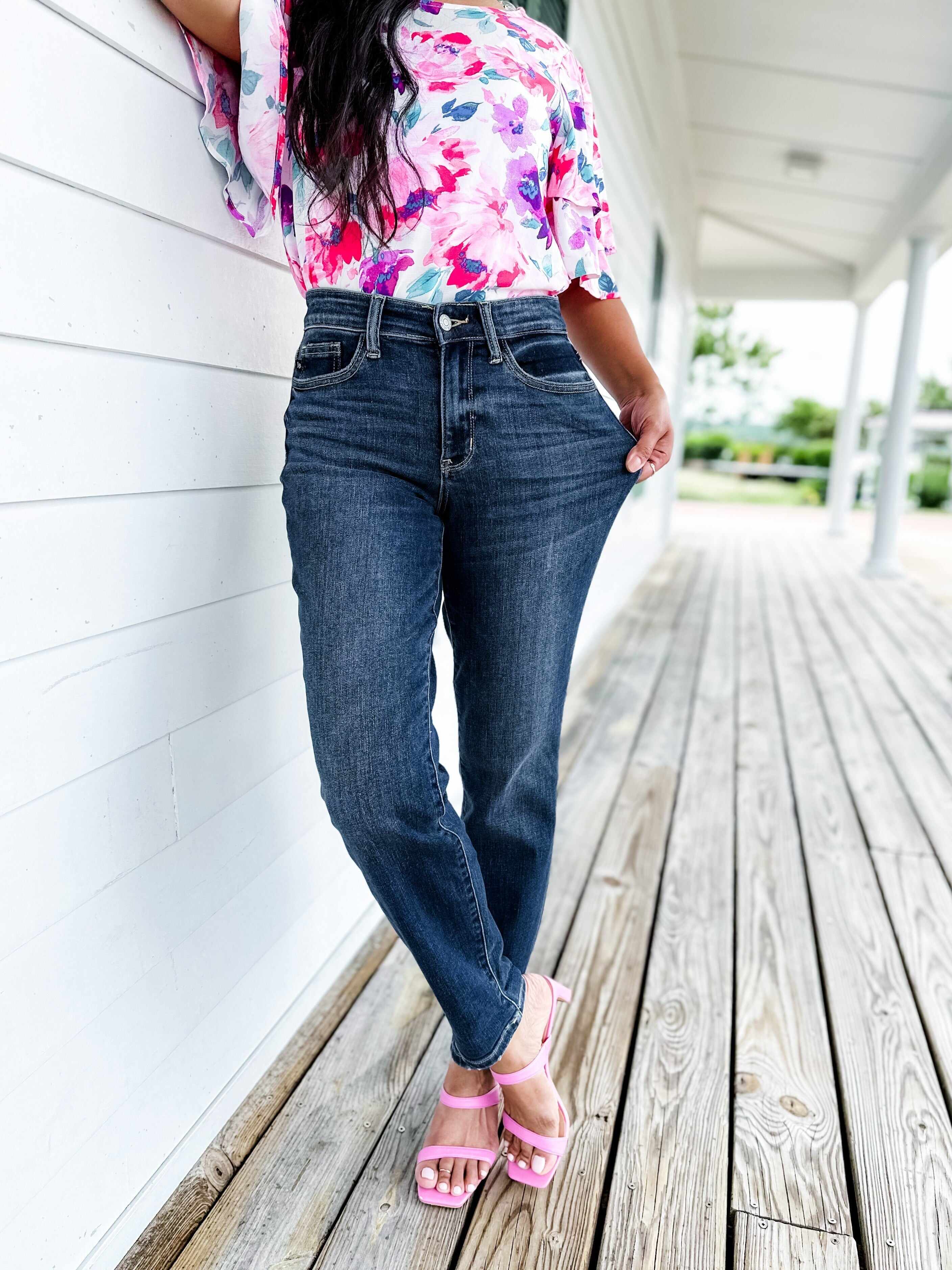 🔥Hot Sales🔥My Favorite Boyfriend Mid Rise Dark Wash Non Distressed Cuffed Boyfriend Jeans