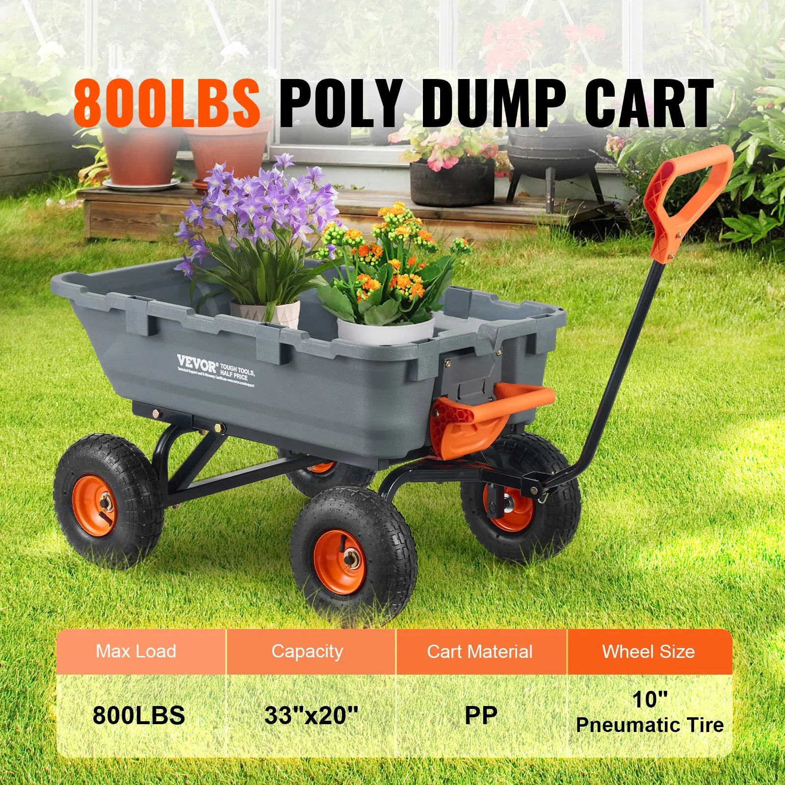 Poly Garden Dump Cart with Easy to Assemble Steel Frame, 2-in-1 Convertible Handle, 13 Inch Tires, Max Capacity 1500 lbs, Utility Wheelbarrow Productivity Yard
