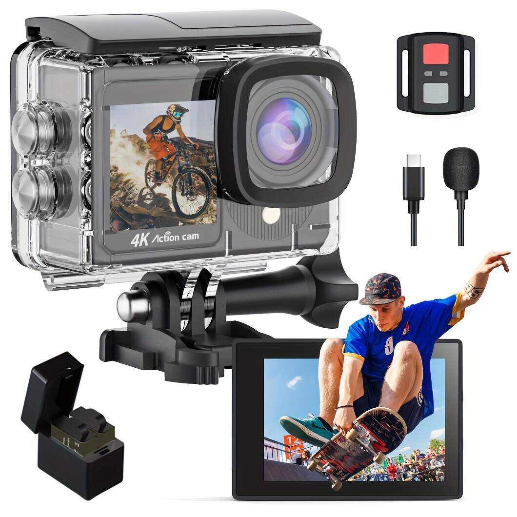 Yolansin 4K Action Camera Touch Screen - Dual Screen Ultra HD EIS WiFi Sports Camera, 1574.8inchUnderwater Camera 170° Wide Angle Video Camera 20MP Waterproof Helmet Camera With Remote Control And 2 Batteries