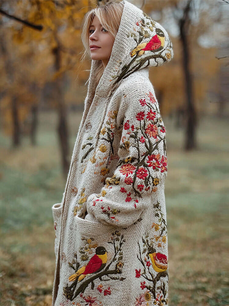 Vintage Bird & Flower Embroidery Women's Knit Hooded Cardigan