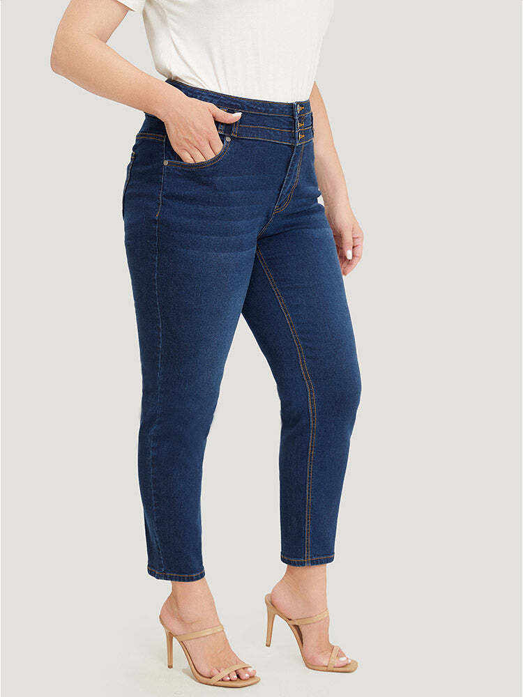 Very Stretchy High Rise Dark Wash Layered Contrast Stitch Jeans