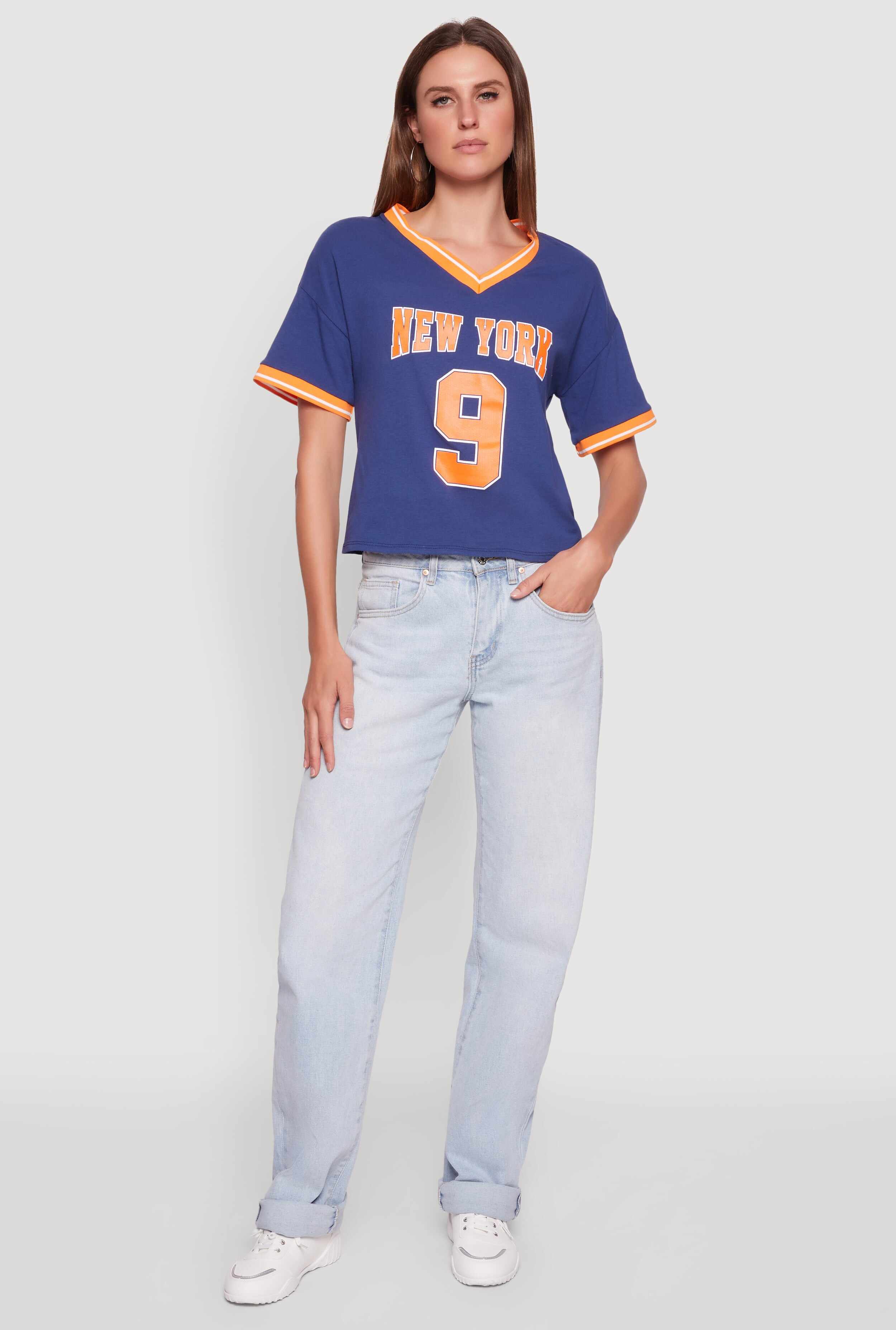Trendy Graphic New York 9 V-Neck Football T-Shirt