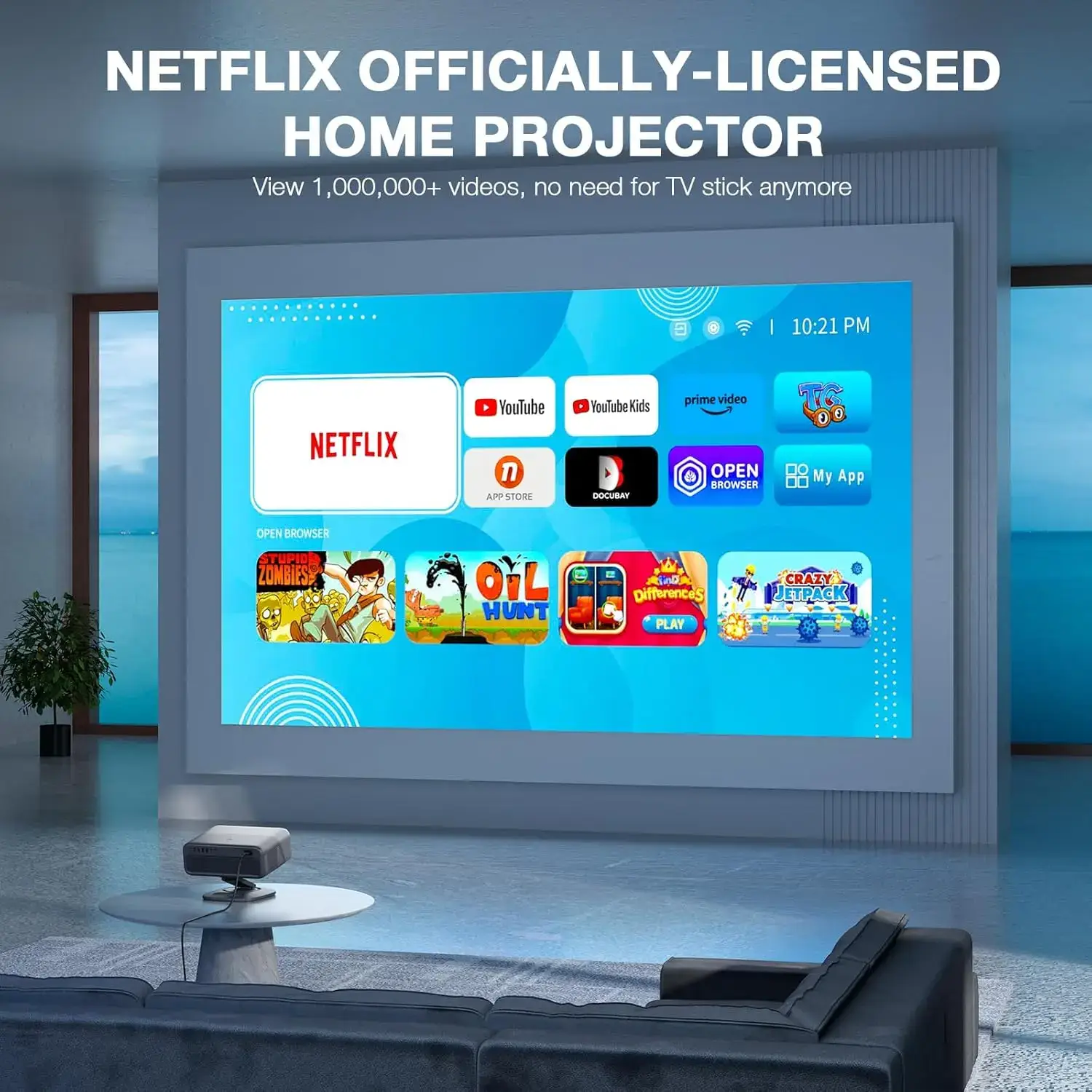 800 ANSI Lumen Portable Projector 1080P 4K Support Netflix Certified Outdoor Movie Projector with Auto Focus Keystone 3D Dolby Audio WiFi 6 Bluetooth 5.0 50% Zoom HDMI USB-C