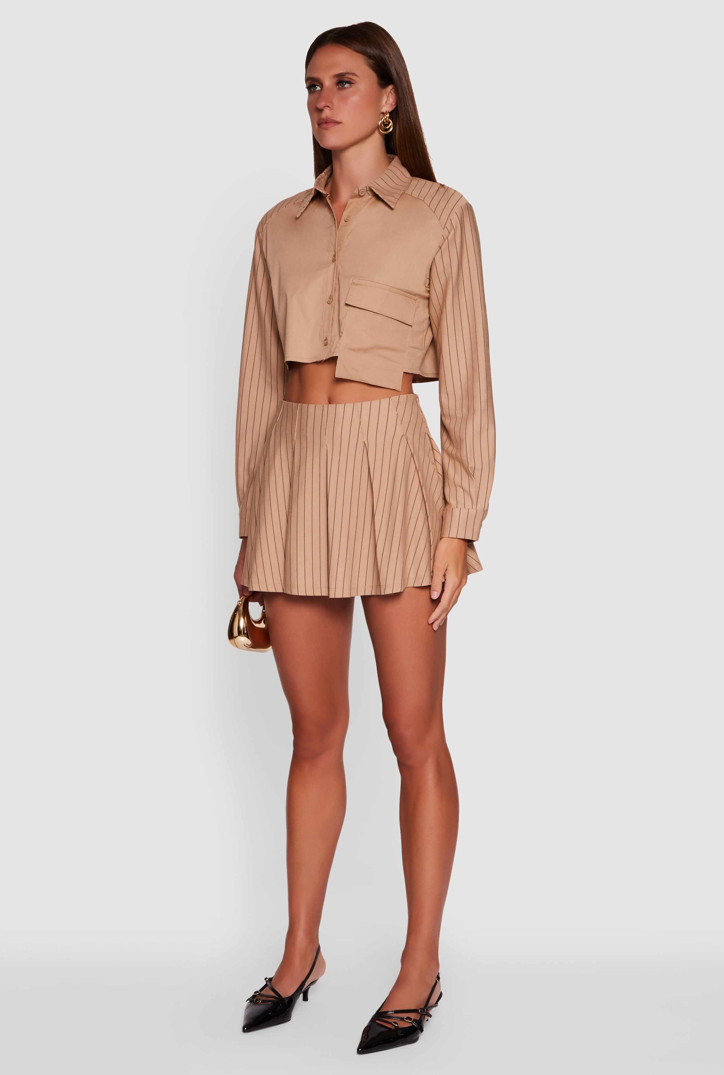 Trendy Pinstripe Detail Cropped Shirt with Flap Pocket