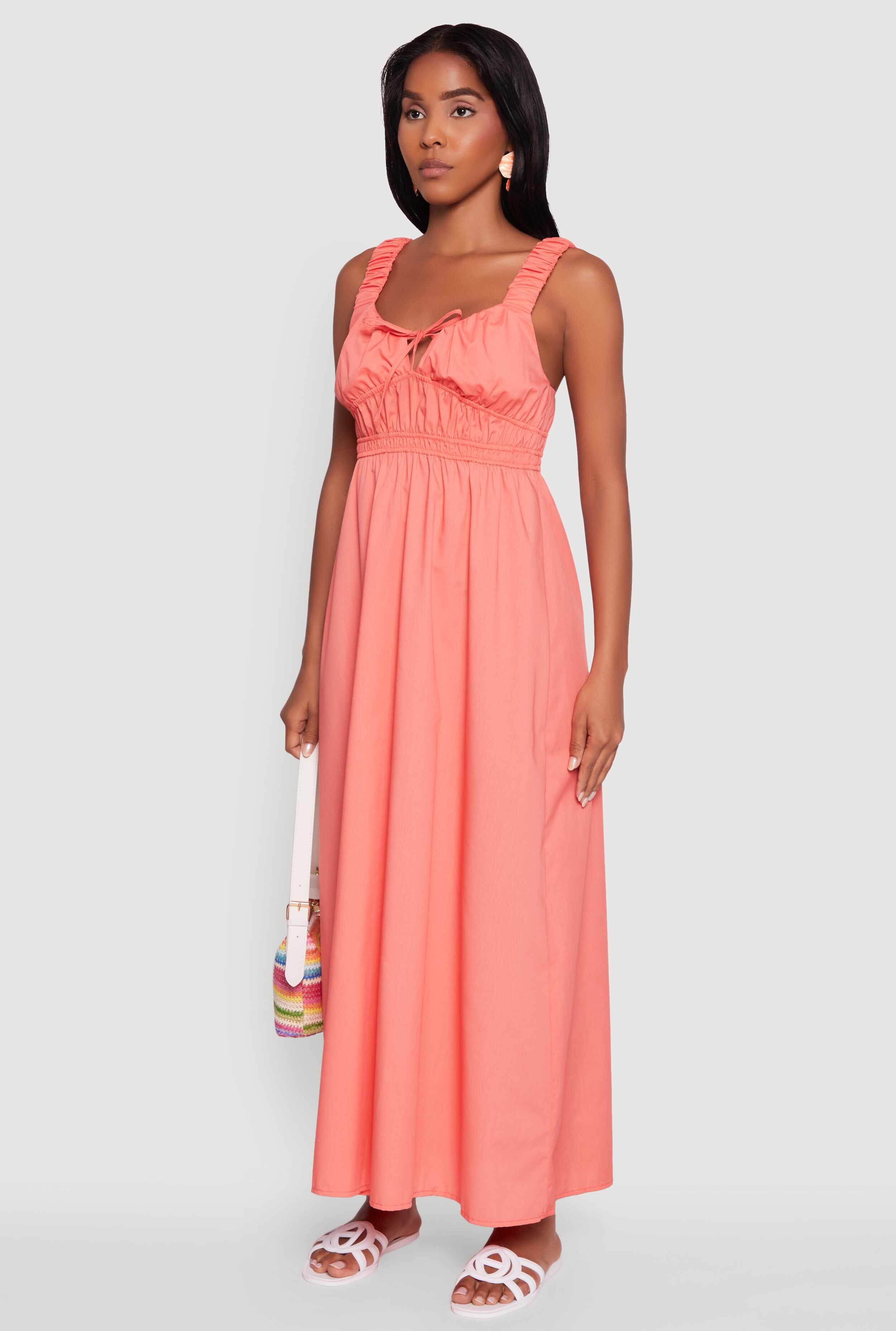 Poplin Sleeveless Scoop Neck Tie Front Maxi Dress