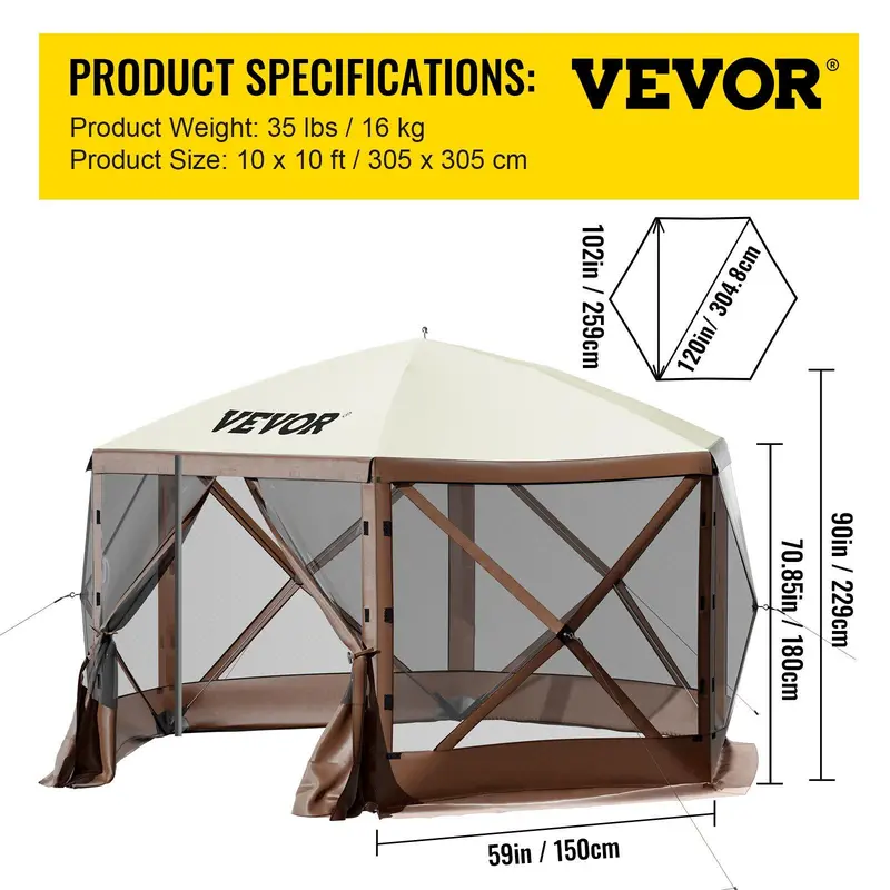 12x12ft 6-Sided Pop Up Screen Gazebo Tent, Outdoor Canopy Shelter With Mesh Windows, Carry Bag & Stakes, Large Shade Tent For Backyard Lawn Camping, Brown/Beige Available