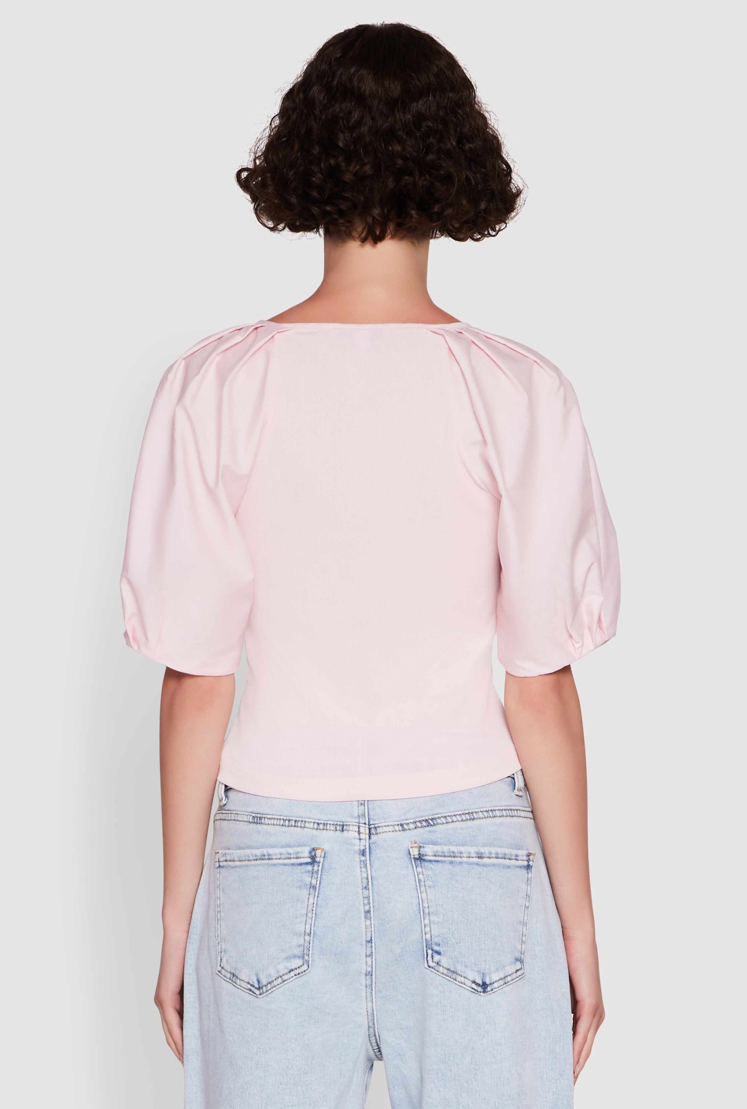 Rib Knit Puff Sleeve Henley Top