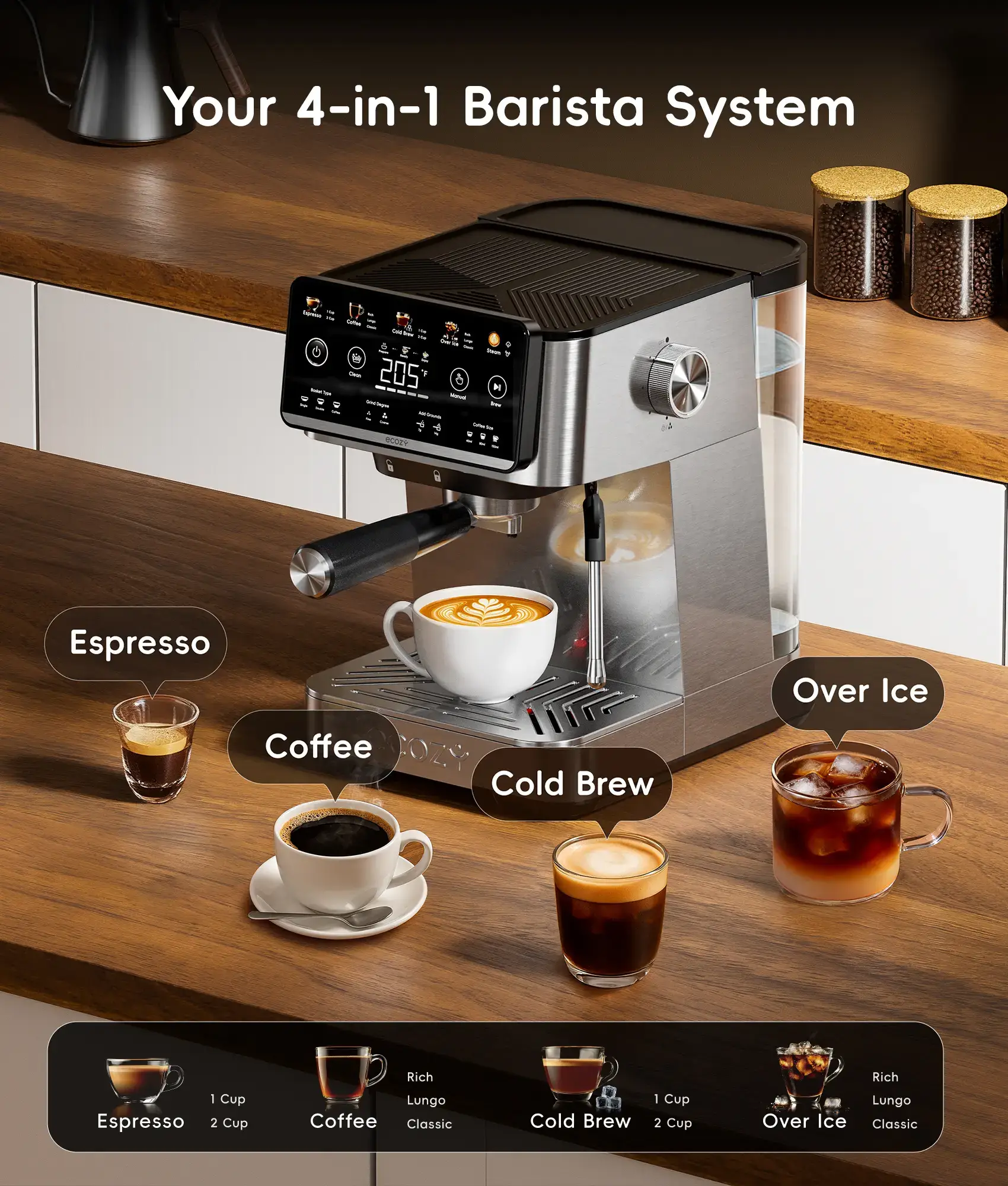 4-in-1 Espresso Machine  LED Touch Screen, 20 Bar Pump - Home Coffee Bar, Drip Coffee, Cold Brew and Over lce Machine, Intergrated Milk Frother, Stainless Steel, Brezzano Elite Series for Cappuccinos, Lattes, Americanos