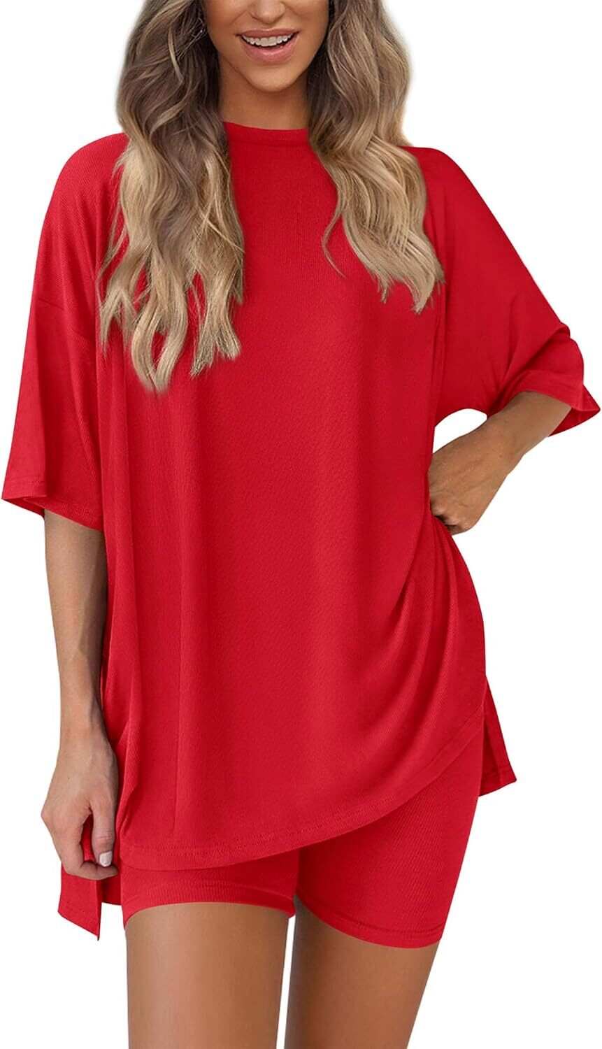 🔥Flash sale🔥Women's Two Piece Lounge Set 2026 Summer Casual Oversized Shirts  Biker Shorts Matching Airport Travel Outfit